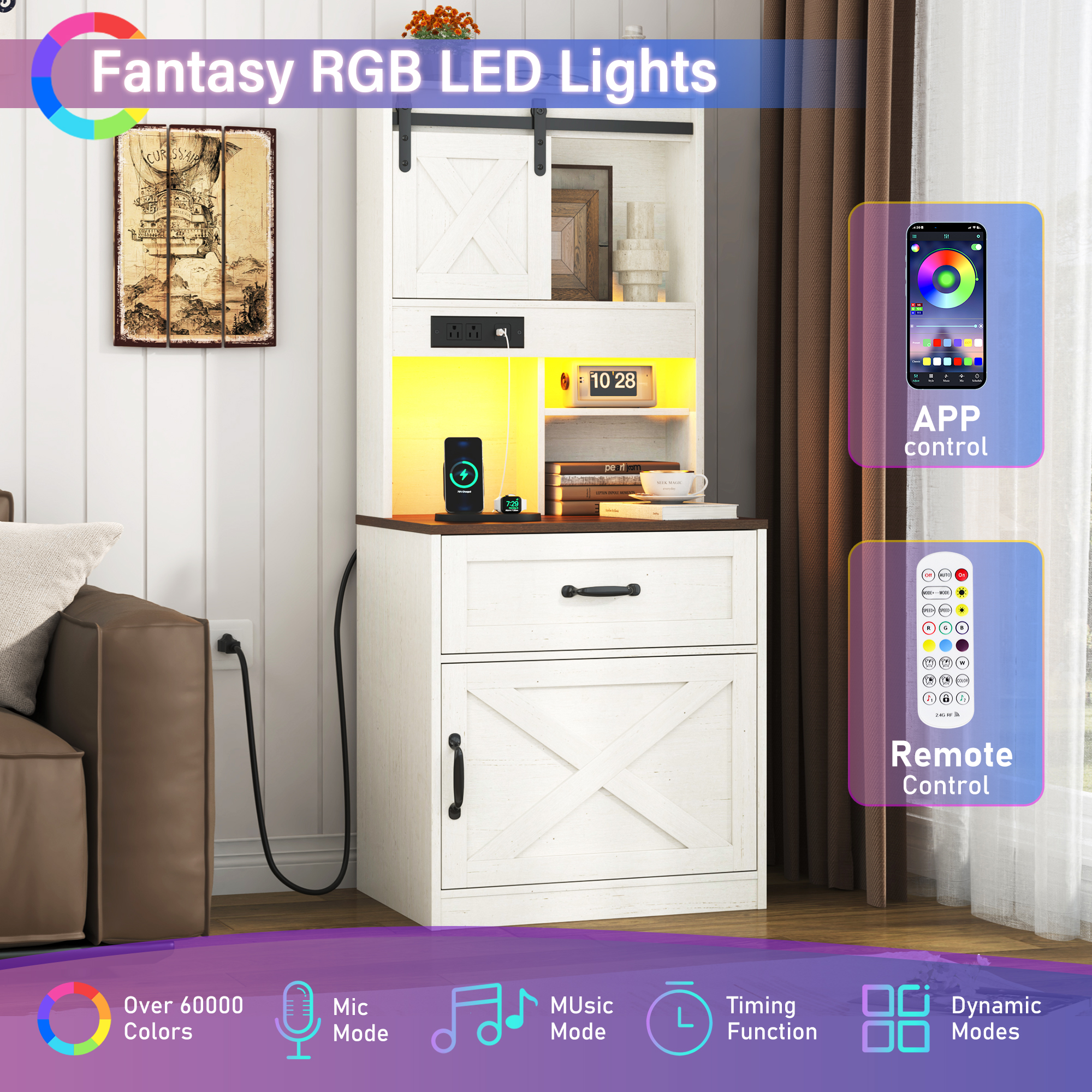 Blotout 54'' Farmhouse Tall Nightstand with Charging Station, Bedside Table with Drawer, Barn Sliding Door, Cabinet, LED Night Stand with Gun Drawer, End Table for Living Room, Bedroom, Office