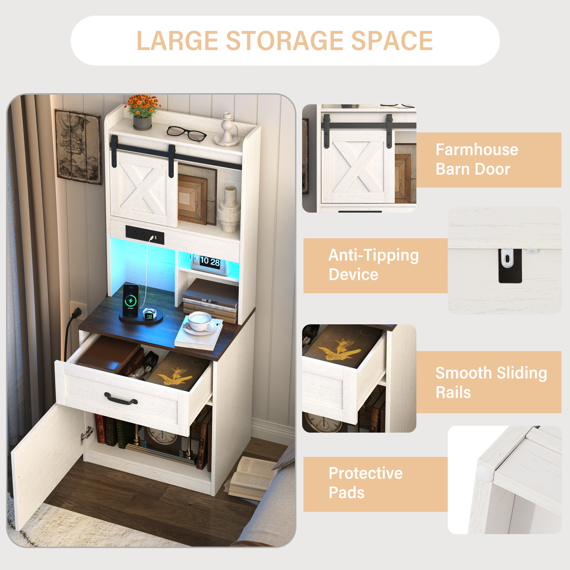 Blotout 54'' Farmhouse Tall Nightstand with Charging Station, Bedside Table with Drawer, Barn Sliding Door, Cabinet, LED Night Stand with Gun Drawer, End Table for Living Room, Bedroom, Office