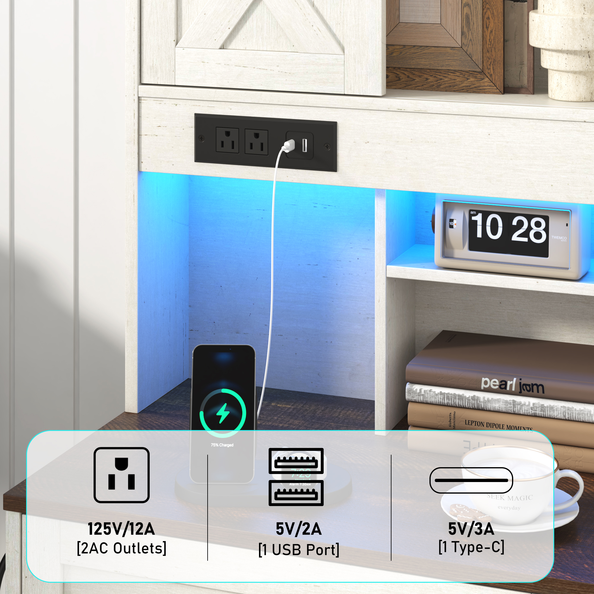 Blotout 54'' Farmhouse Tall Nightstand with Charging Station, Bedside Table with Drawer, Barn Sliding Door, Cabinet, LED Night Stand with Gun Drawer, End Table for Living Room, Bedroom, Office