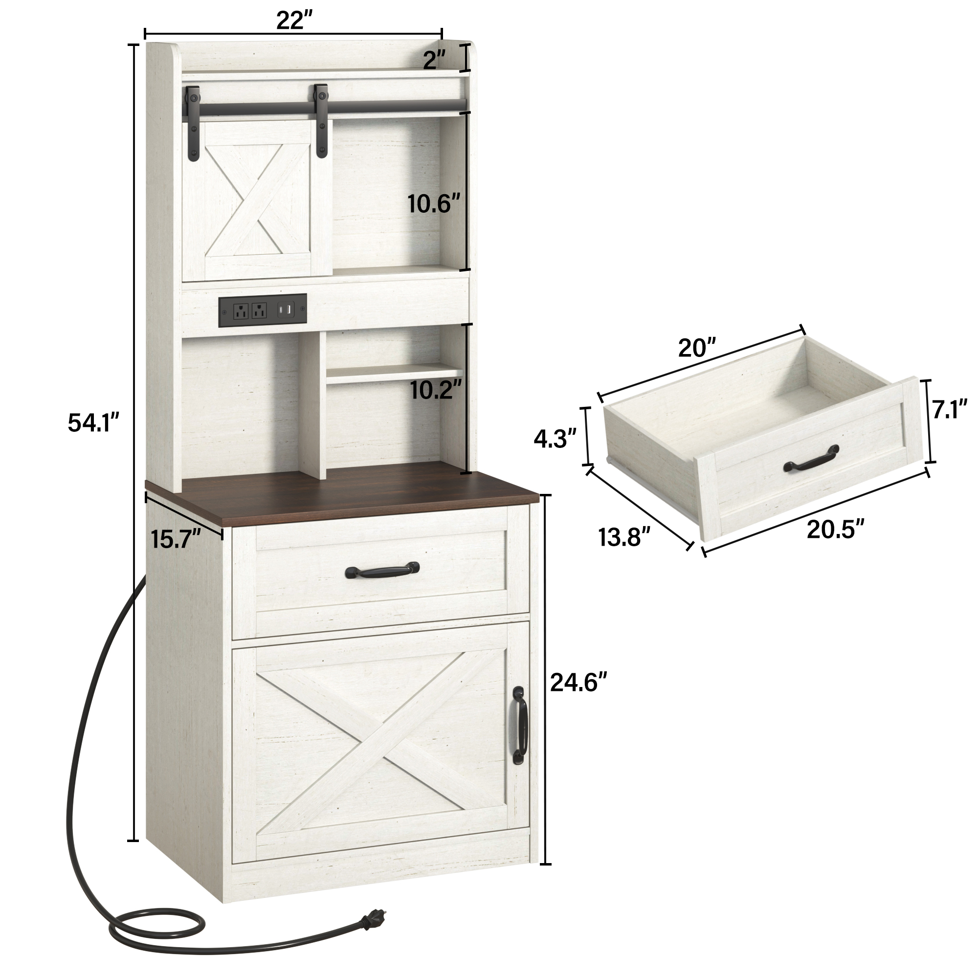 Blotout 54'' Farmhouse Tall Nightstand with Charging Station, Bedside Table with Drawer, Barn Sliding Door, Cabinet, LED Night Stand with Gun Drawer, End Table for Living Room, Bedroom, Office