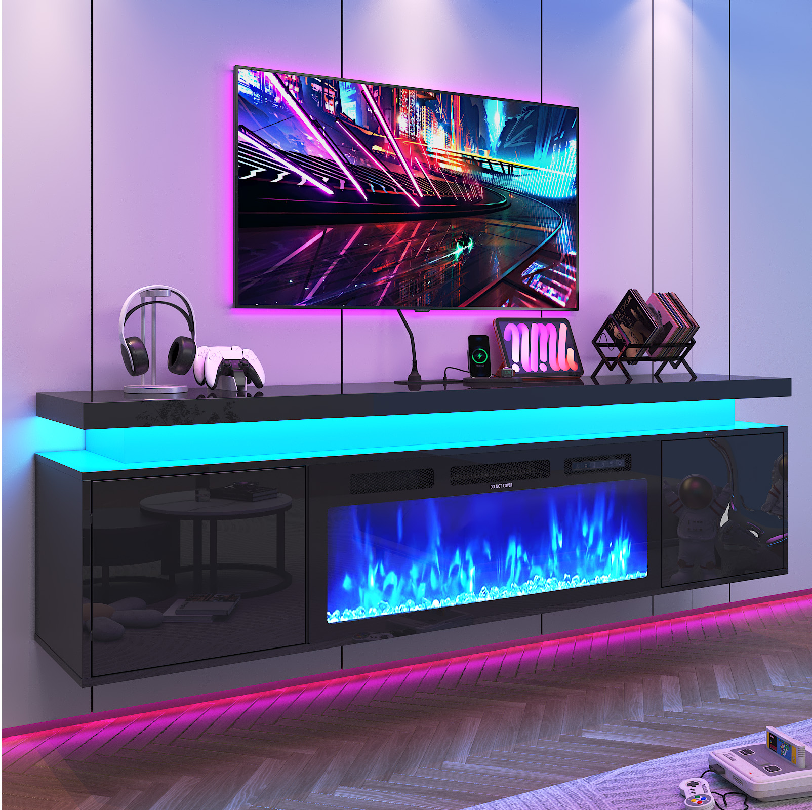 Blotout Floating TV Stand with 36'' Electric Fireplace, 70'' High Gloss Wall Mounted Fireplace Entertainment Center with Storage&Power Outlet, Modern LED Lights Media Console for TVs Up to 80''