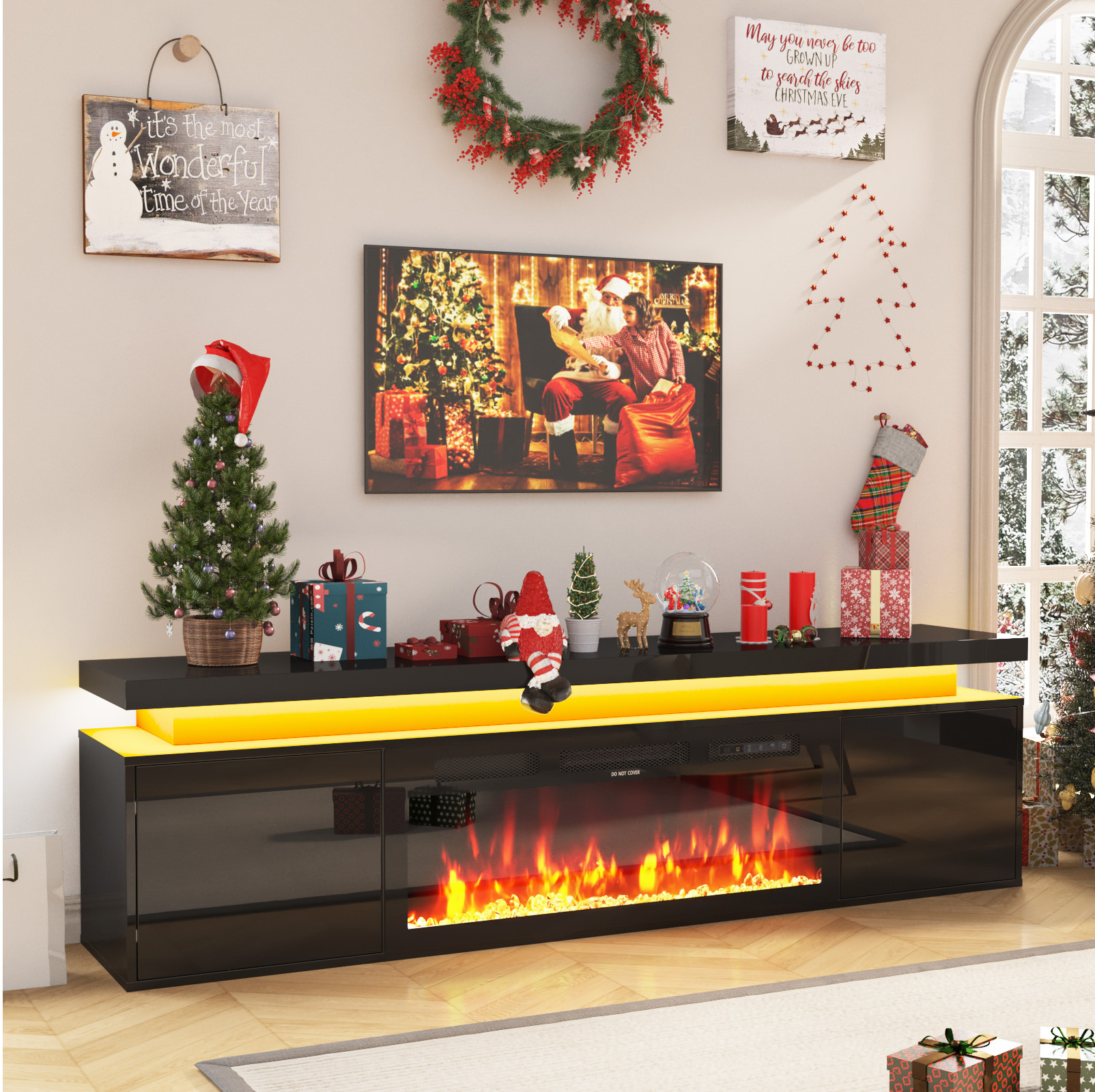 Blotout Floating TV Stand with 36'' Electric Fireplace, 70'' High Gloss Wall Mounted Fireplace Entertainment Center with Storage&Power Outlet, Modern LED Lights Media Console for TVs Up to 80''