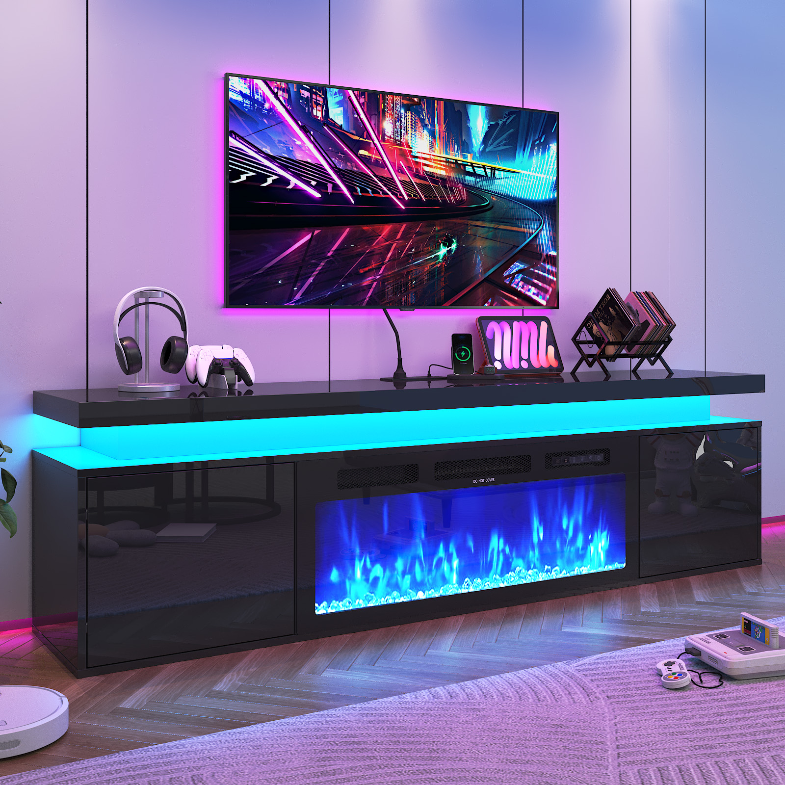 Blotout Floating TV Stand with 36'' Electric Fireplace, 70'' High Gloss Wall Mounted Fireplace Entertainment Center with Storage&Power Outlet, Modern LED Lights Media Console for TVs Up to 80''