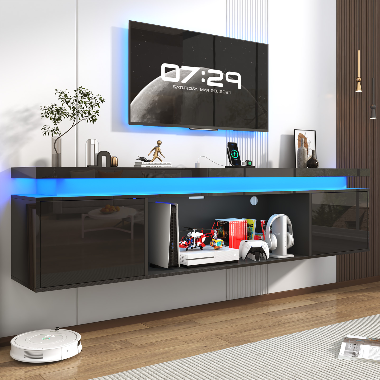 Blotout 80'' Floating TV Stand with LED Lights & Power Outlet, High Gloss Wall Mounted TV Cabinet with Storage, Modern Floating Entertainment Center for Wall-mounted TV Up to 90''