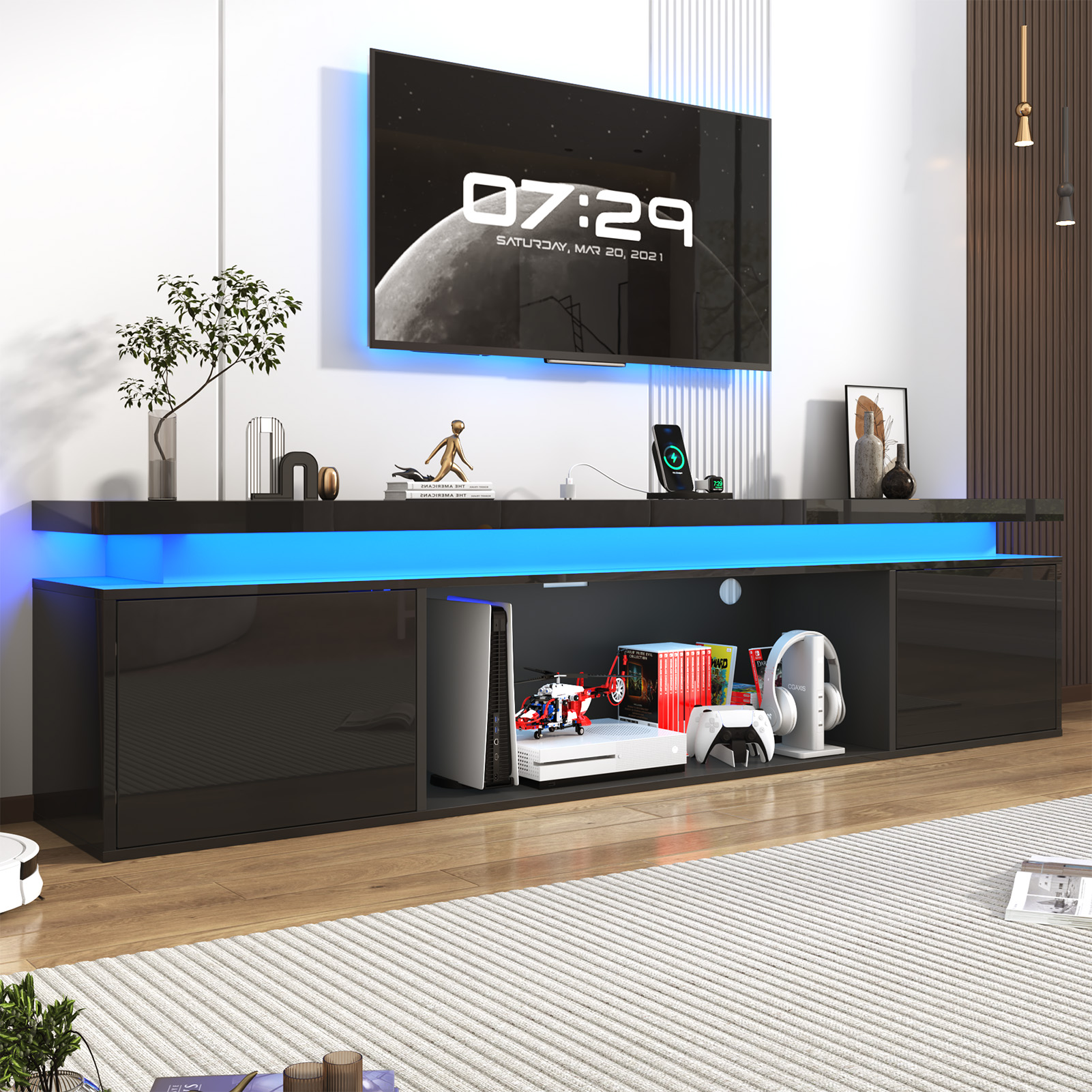 Blotout 80'' Floating TV Stand with LED Lights & Power Outlet, High Gloss Wall Mounted TV Cabinet with Storage, Modern Floating Entertainment Center for Wall-mounted TV Up to 90''