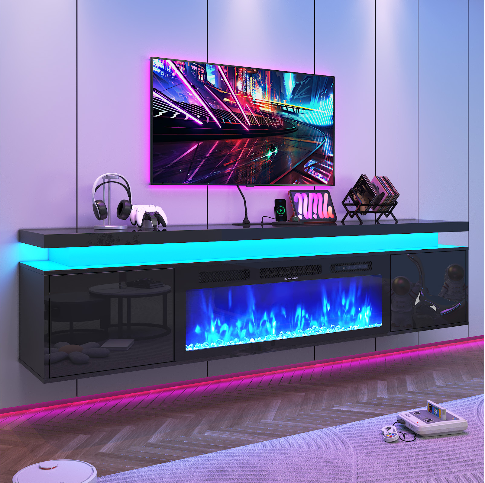 Blotout 80'' Fireplace TV Stand with 40'' Fireplace, Gloss Wall Mounted Fireplace Entertainment Center with Storage&Power Outlet, Modern LED Light Console for Wall-mounted TV Up to 90''