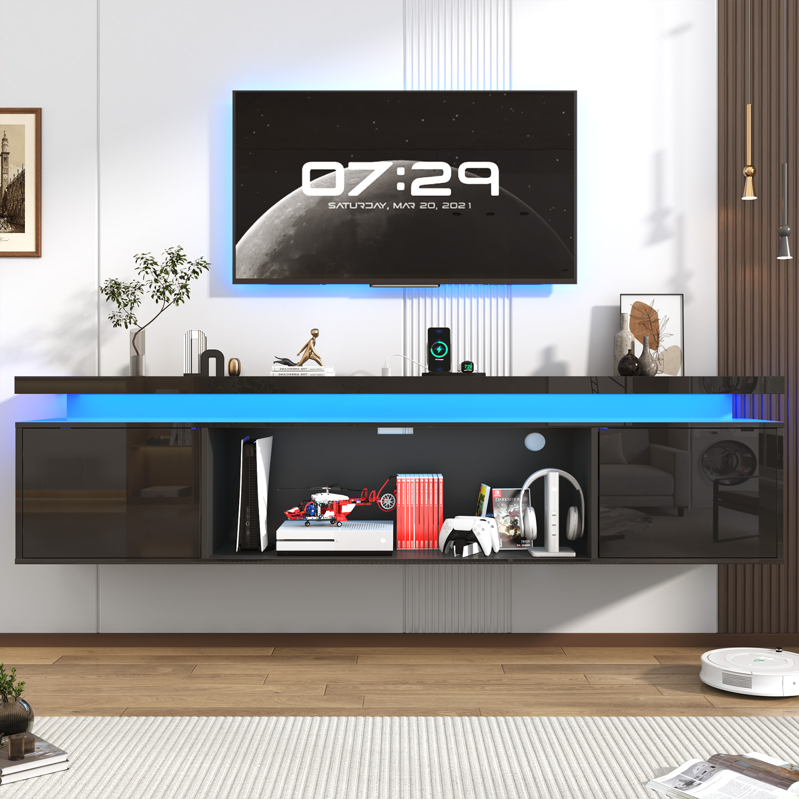 Blotout 80'' Floating TV Stand with LED Lights & Power Outlet, High Gloss Wall Mounted TV Cabinet with Storage, Modern Floating Entertainment Center for Wall-mounted TV Up to 90''