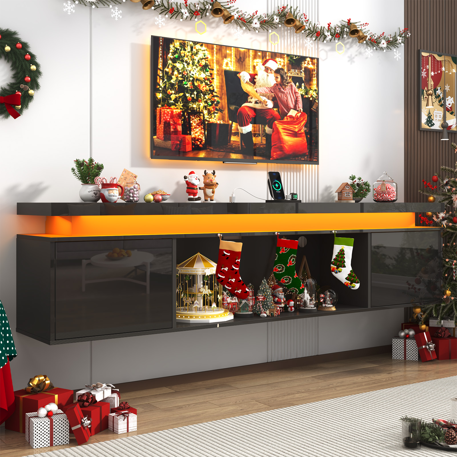 Blotout 80'' Floating TV Stand with LED Lights & Power Outlet, High Gloss Wall Mounted TV Cabinet with Storage, Modern Floating Entertainment Center for Wall-mounted TV Up to 90''