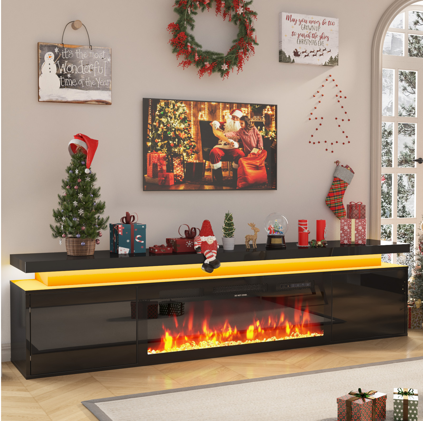 Blotout 80'' Fireplace TV Stand with 40'' Fireplace, Gloss Wall Mounted Fireplace Entertainment Center with Storage&Power Outlet, Modern LED Light Console for Wall-mounted TV Up to 90''