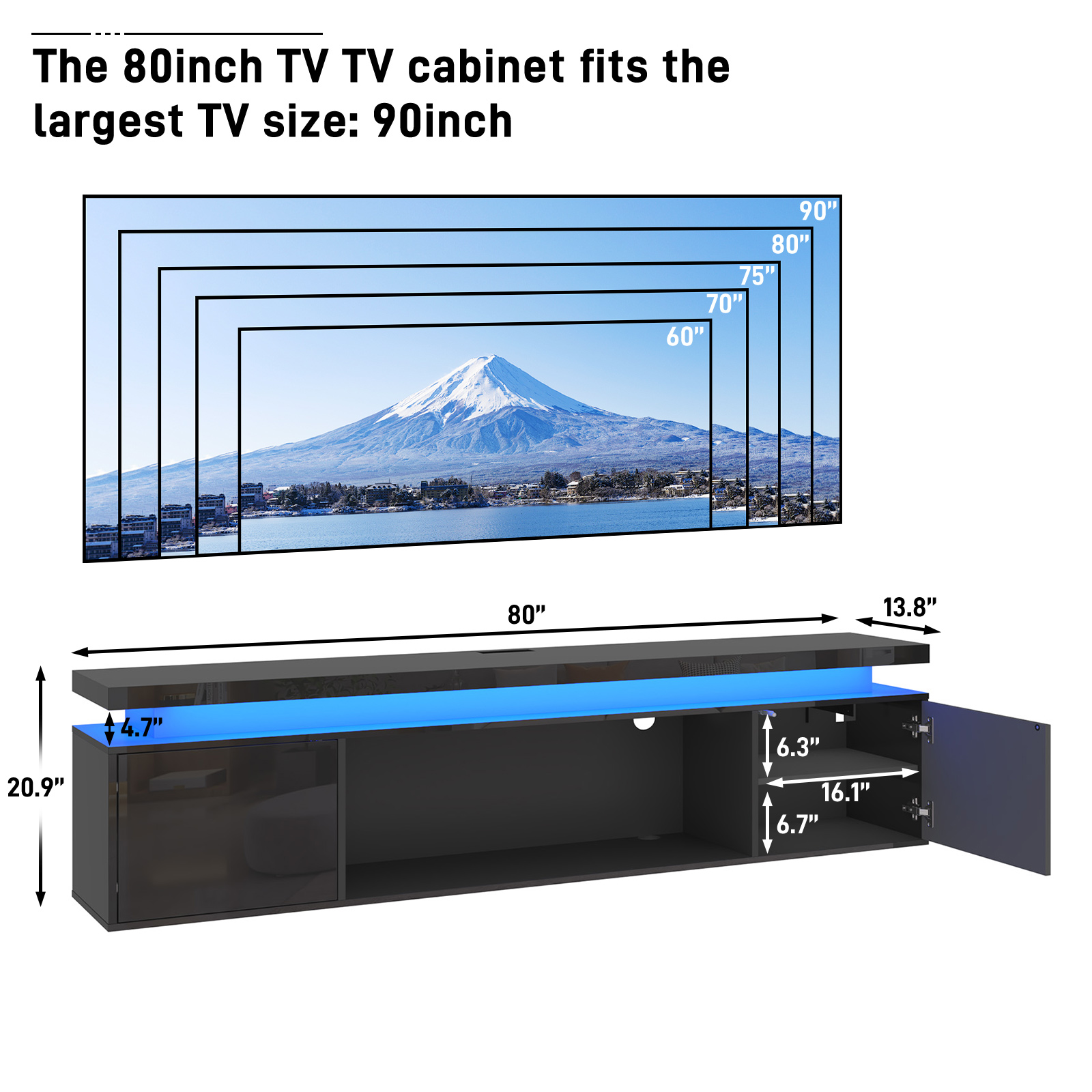 Blotout 80'' Floating TV Stand with LED Lights & Power Outlet, High Gloss Wall Mounted TV Cabinet with Storage, Modern Floating Entertainment Center for Wall-mounted TV Up to 90''