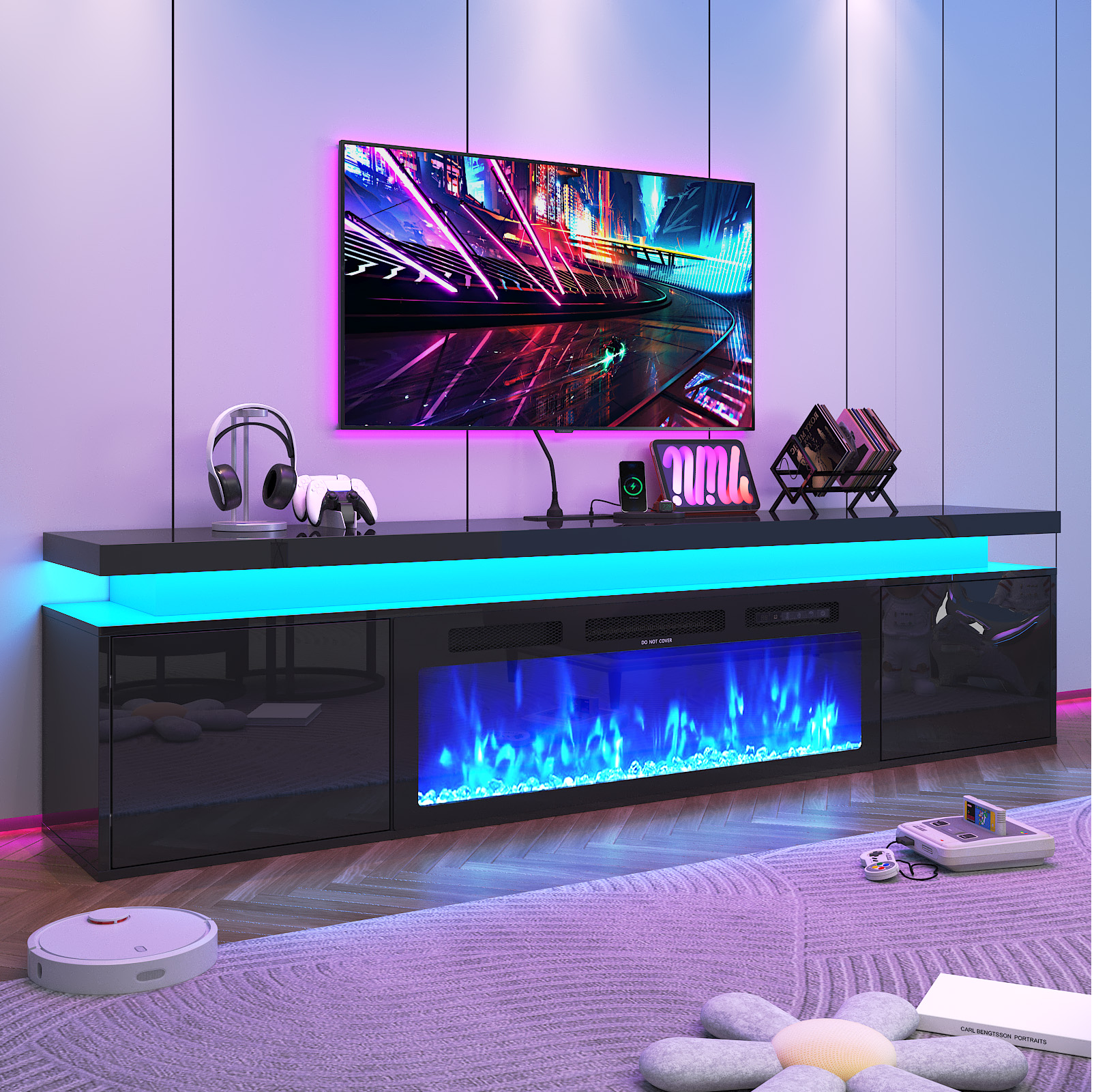 Blotout 80'' Fireplace TV Stand with 40'' Fireplace, Gloss Wall Mounted Fireplace Entertainment Center with Storage&Power Outlet, Modern LED Light Console for Wall-mounted TV Up to 90''