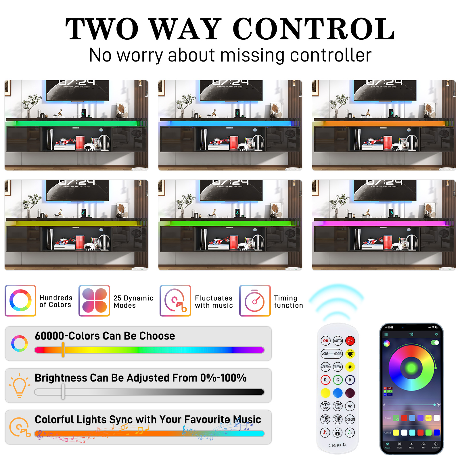 Blotout 80'' Floating TV Stand with LED Lights & Power Outlet, High Gloss Wall Mounted TV Cabinet with Storage, Modern Floating Entertainment Center for Wall-mounted TV Up to 90''