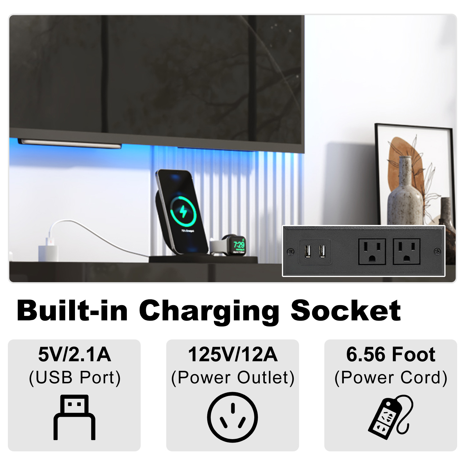 Blotout 80'' Floating TV Stand with LED Lights & Power Outlet, High Gloss Wall Mounted TV Cabinet with Storage, Modern Floating Entertainment Center for Wall-mounted TV Up to 90''