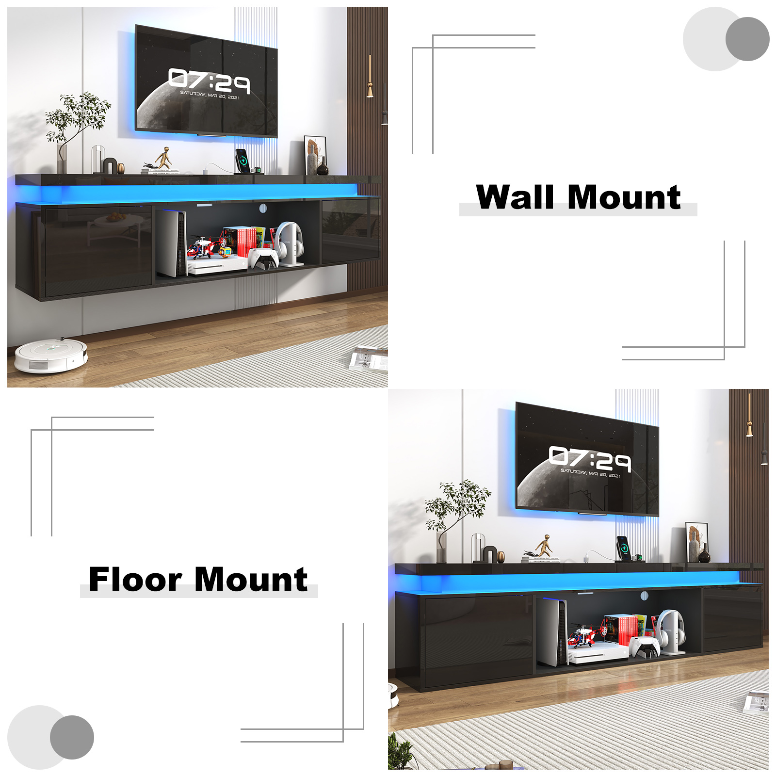 Blotout 80'' Floating TV Stand with LED Lights & Power Outlet, High Gloss Wall Mounted TV Cabinet with Storage, Modern Floating Entertainment Center for Wall-mounted TV Up to 90''