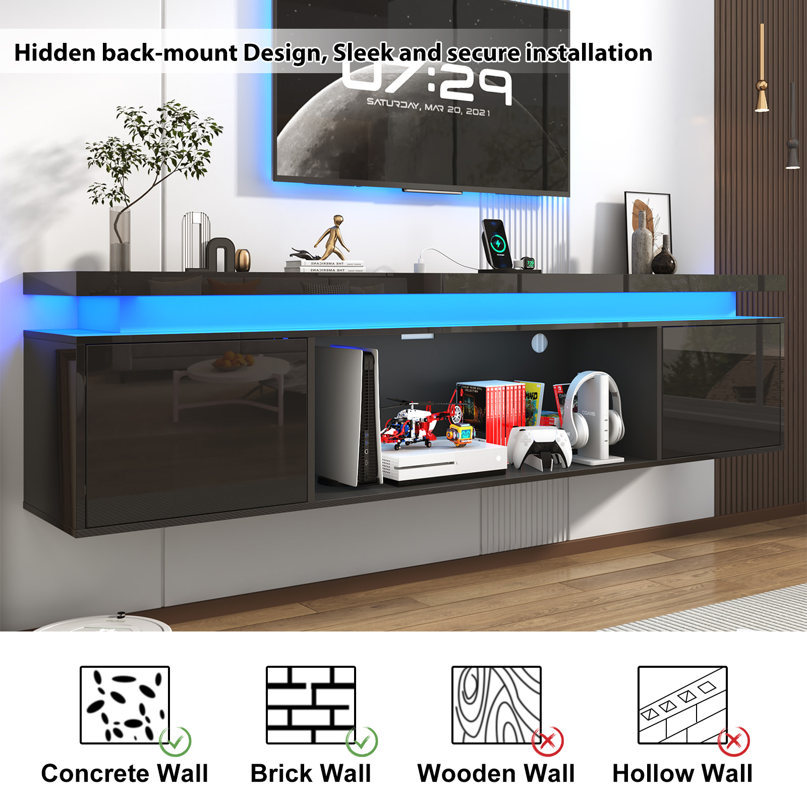 Blotout 80'' Floating TV Stand with LED Lights & Power Outlet, High Gloss Wall Mounted TV Cabinet with Storage, Modern Floating Entertainment Center for Wall-mounted TV Up to 90''
