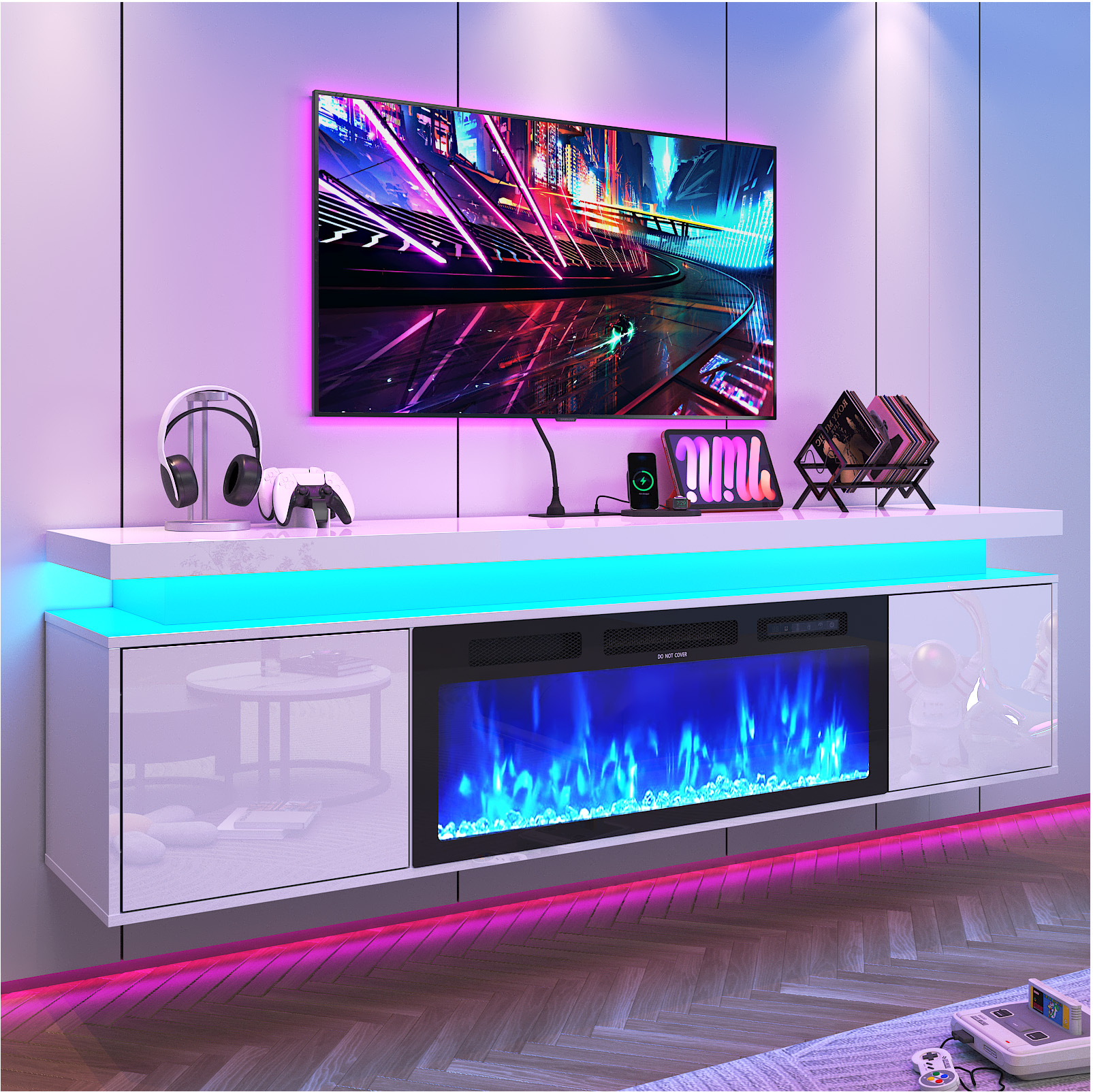 Blotout 70'' Fireplace TV Stand with 36'' Fireplace, Gloss Wall Mounted Fireplace Entertainment Center with Storage&Power Outlet, Modern LED Light Console for Wall-mounted TV Up to 80''