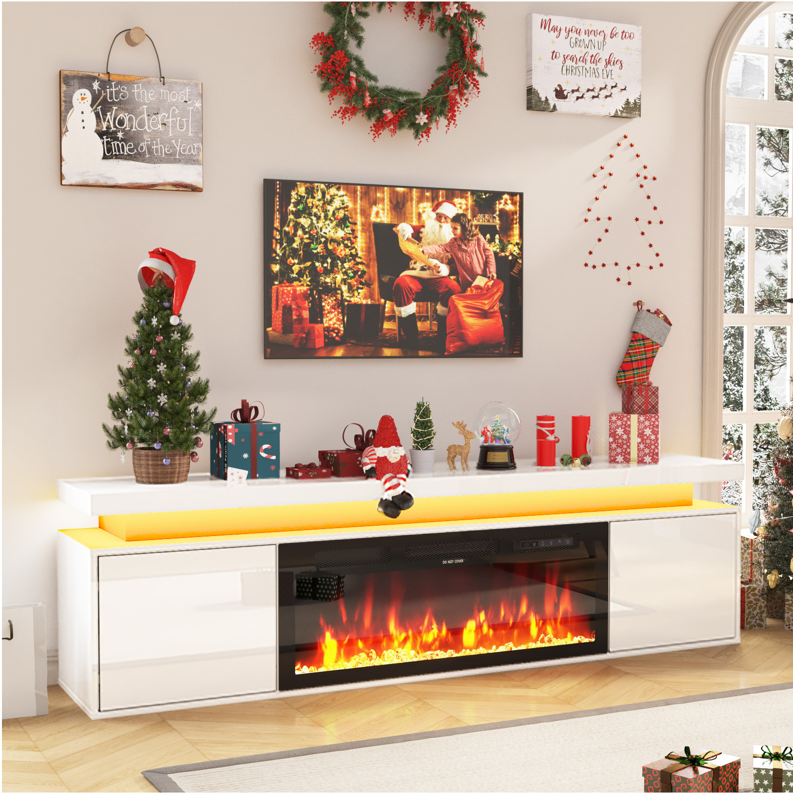Blotout 70'' Fireplace TV Stand with 36'' Fireplace, Gloss Wall Mounted Fireplace Entertainment Center with Storage&Power Outlet, Modern LED Light Console for Wall-mounted TV Up to 80''