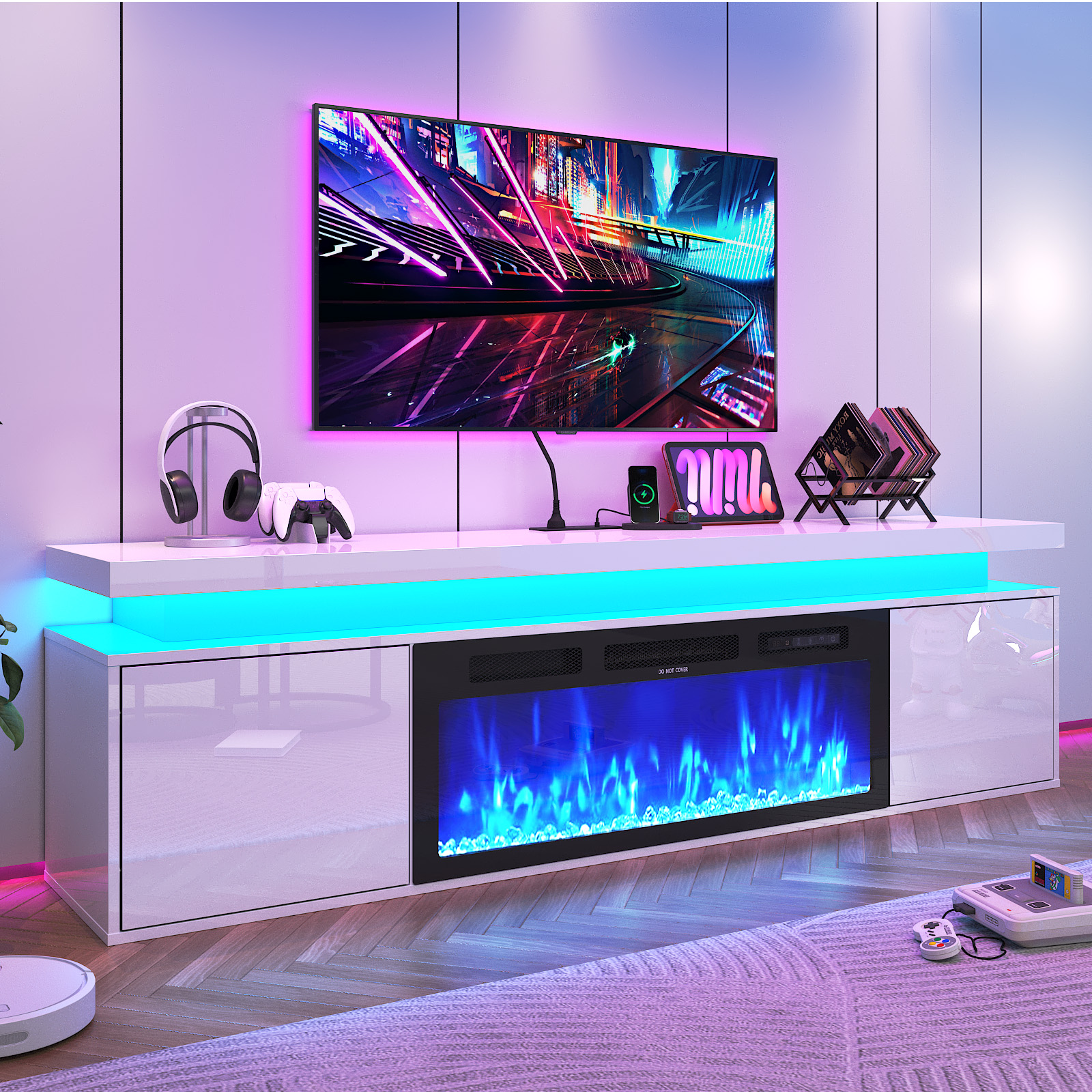 Blotout 70'' Fireplace TV Stand with 36'' Fireplace, Gloss Wall Mounted Fireplace Entertainment Center with Storage&Power Outlet, Modern LED Light Console for Wall-mounted TV Up to 80''