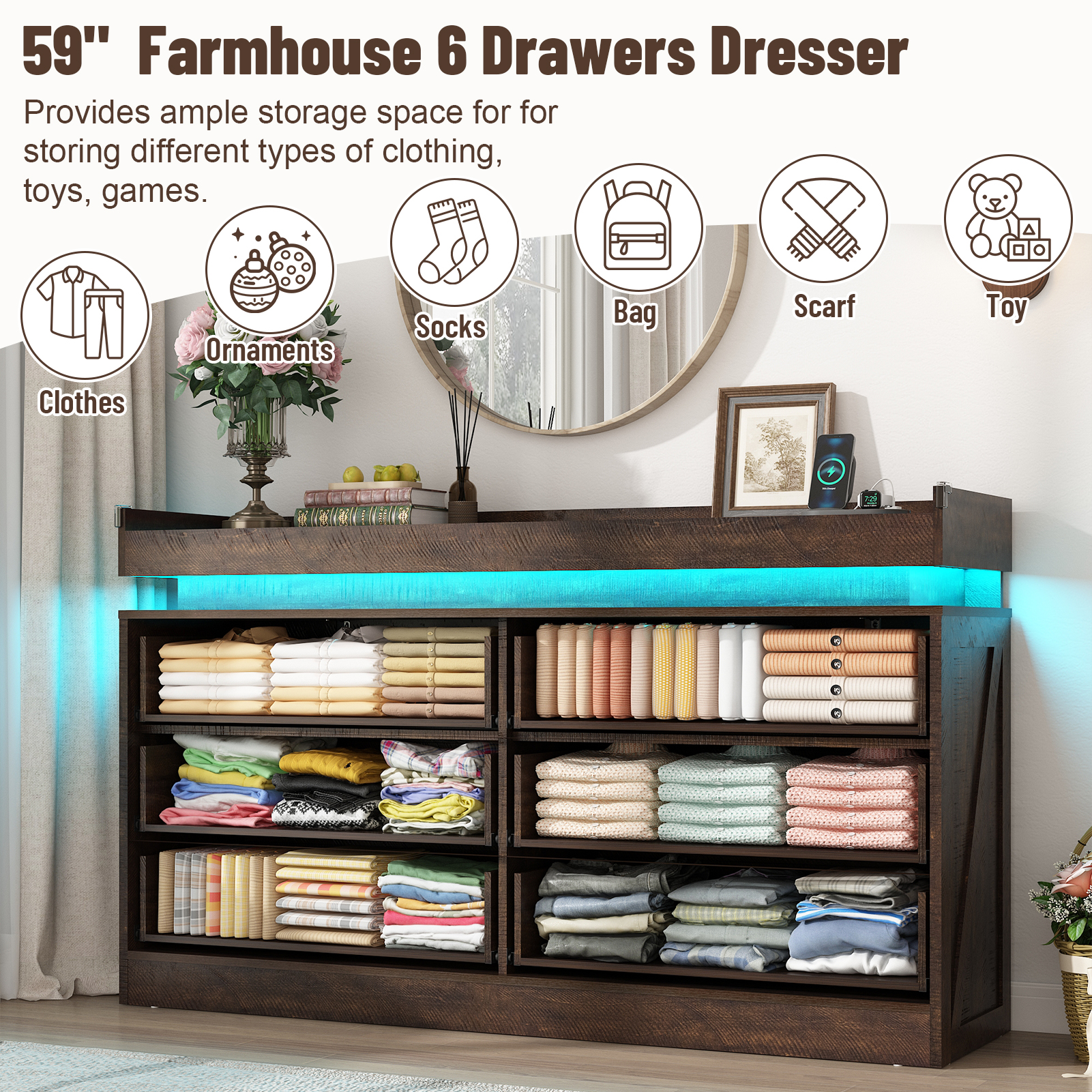 Blotout 9 Drawer Dresser with LED Lights and Charging Station, Wide Chest of Drawers and Metal Handles, Wood Storage Cabinet for bedroom, Living Room