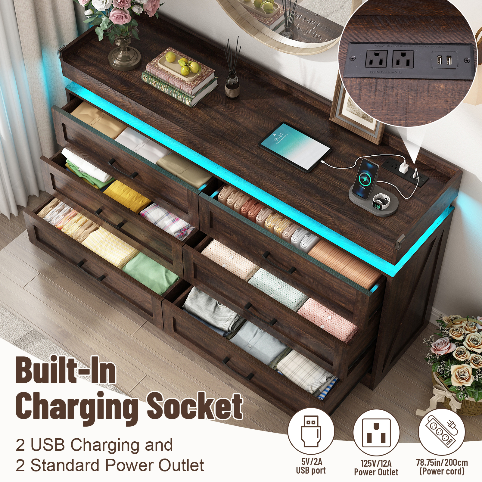 Blotout 9 Drawer Dresser with LED Lights and Charging Station, Wide Chest of Drawers and Metal Handles, Wood Storage Cabinet for bedroom, Living Room