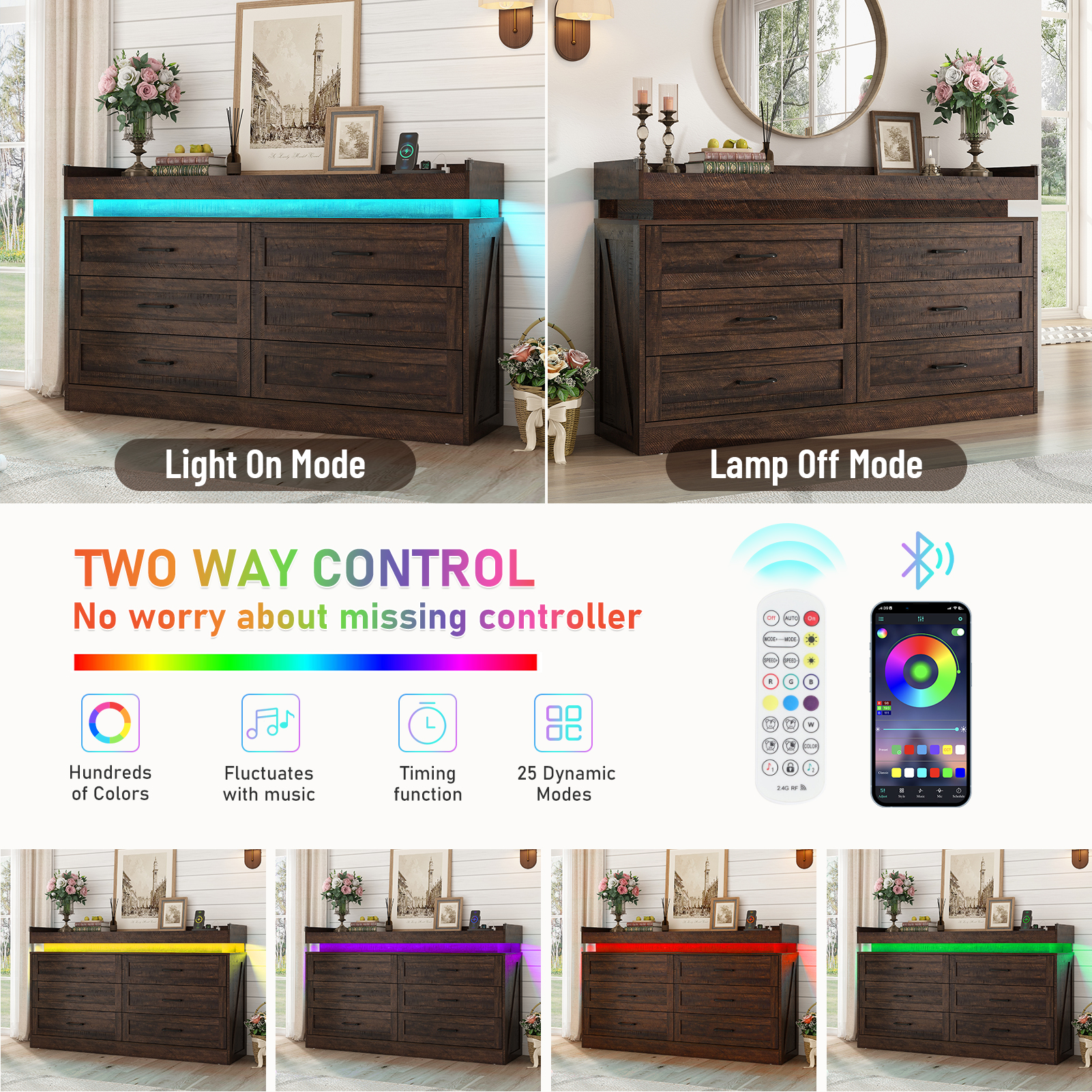 Blotout 9 Drawer Dresser with LED Lights and Charging Station, Wide Chest of Drawers and Metal Handles, Wood Storage Cabinet for bedroom, Living Room