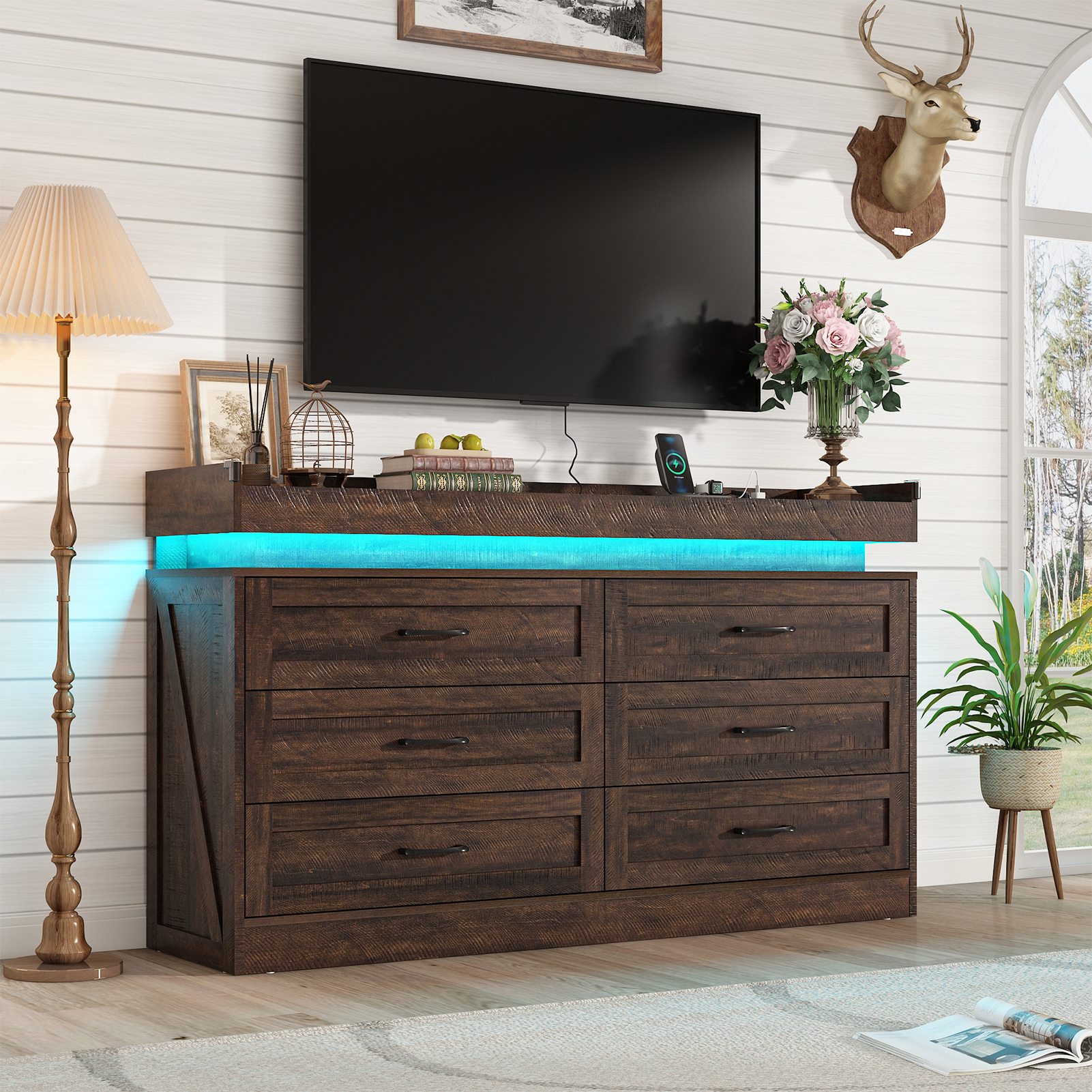 Blotout 9 Drawer Dresser with LED Lights and Charging Station, Wide Chest of Drawers and Metal Handles, Wood Storage Cabinet for bedroom, Living Room