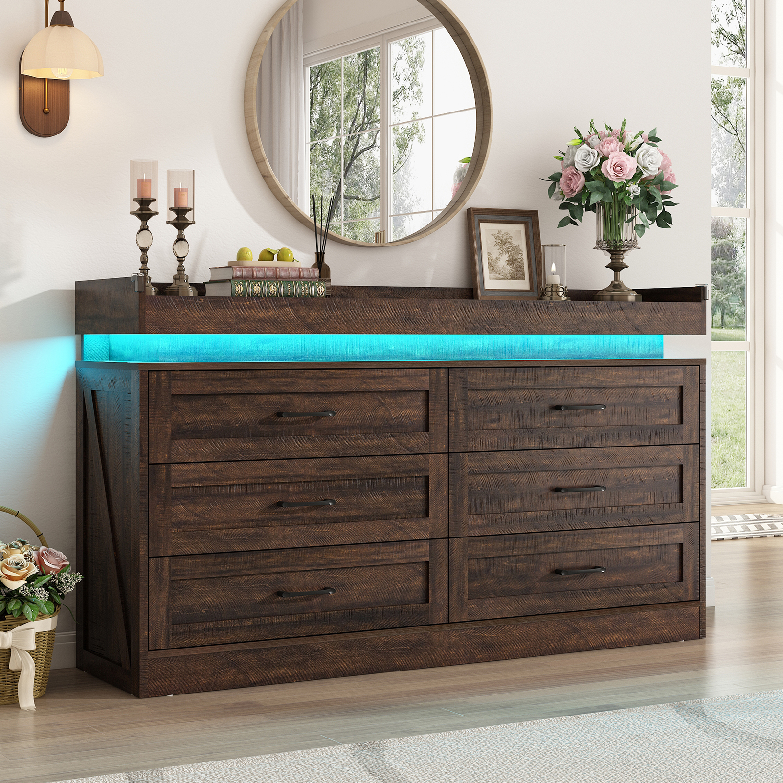 Blotout 9 Drawer Dresser with LED Lights and Charging Station, Wide Chest of Drawers and Metal Handles, Wood Storage Cabinet for bedroom, Living Room