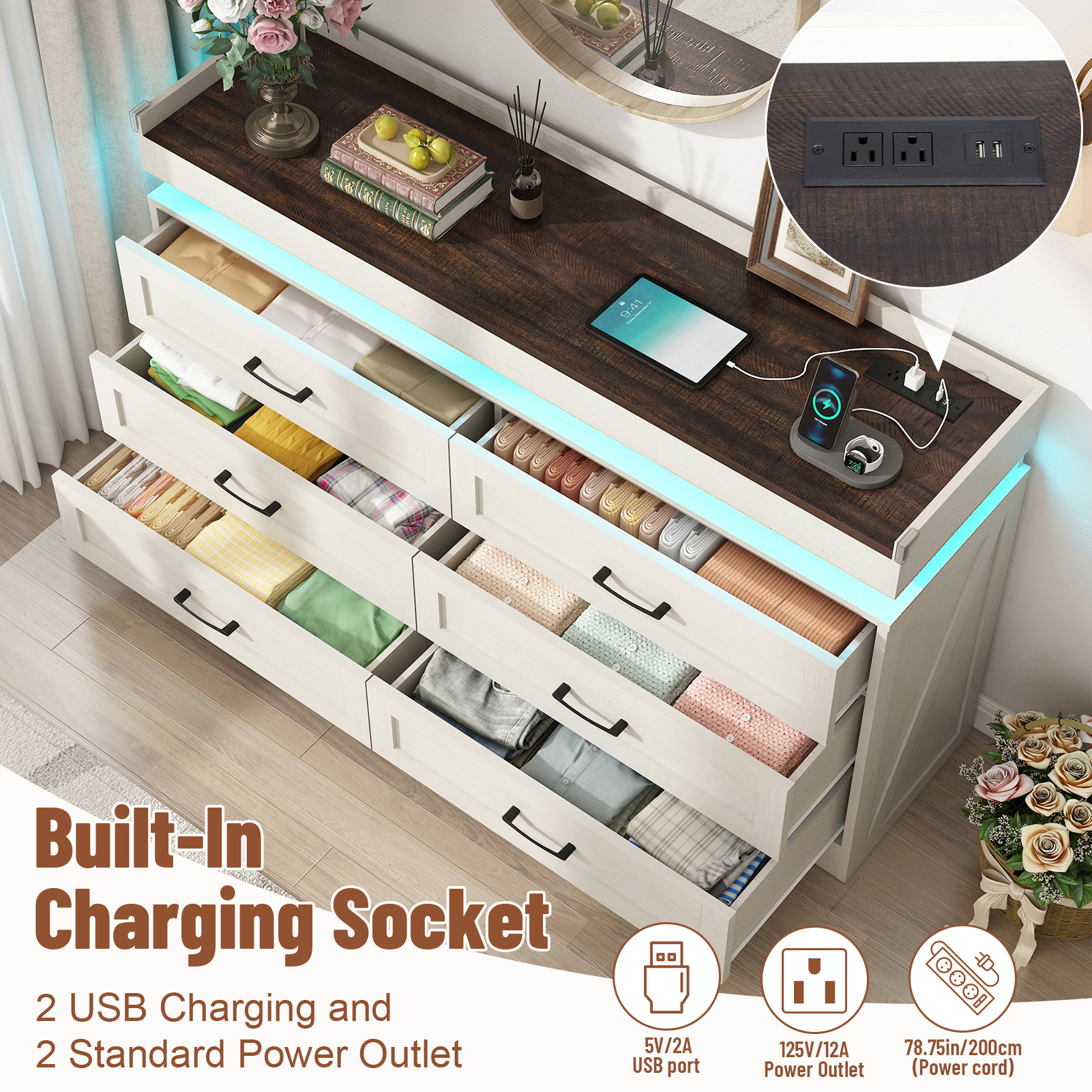 Blotout 9 Drawer Dresser with LED Lights and Charging Station, Wide Chest of Drawers and Metal Handles, Wood Storage Cabinet for bedroom, Living Room