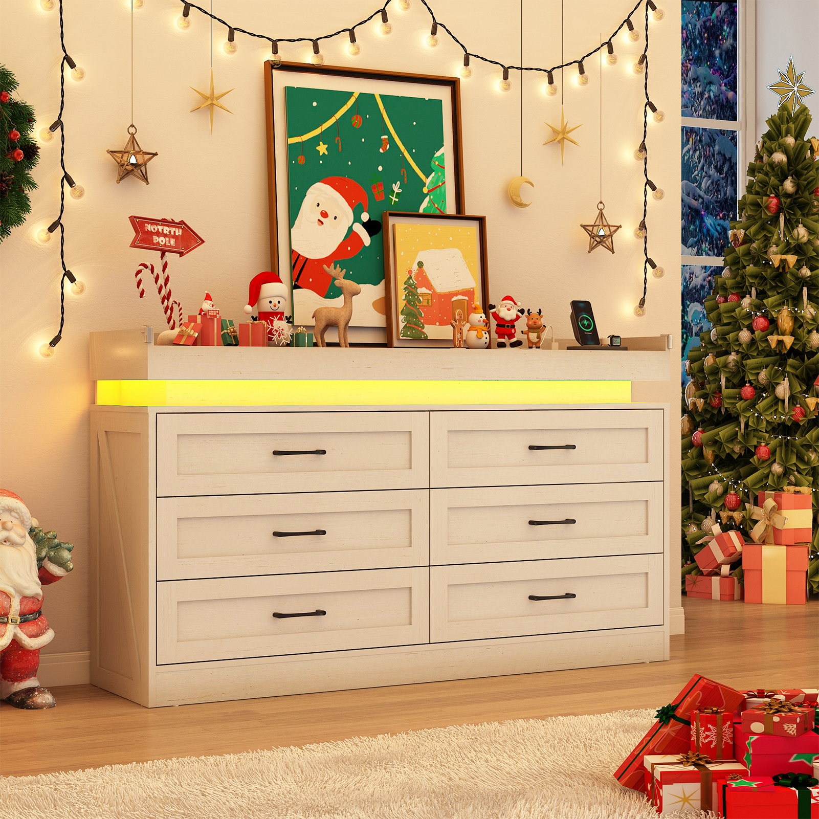 Blotout 9 Drawer Dresser with LED Lights and Charging Station, Wide Chest of Drawers and Metal Handles, Wood Storage Cabinet for bedroom, Living Room