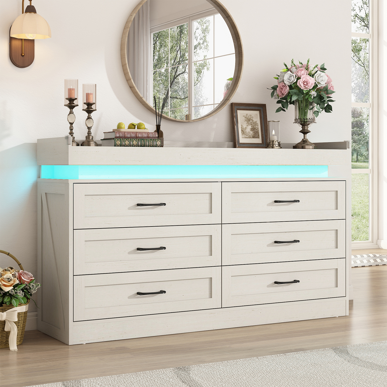 Blotout 9 Drawer Dresser with LED Lights and Charging Station, Wide Chest of Drawers and Metal Handles, Wood Storage Cabinet for bedroom, Living Room