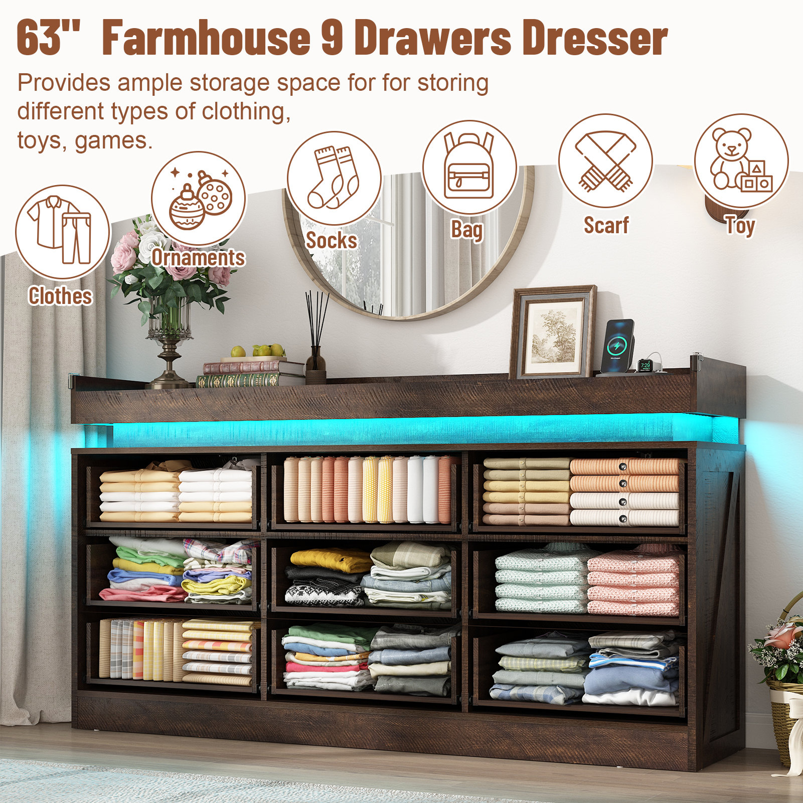 Blotout 9 Drawer Dresser with LED Lights and Charging Station, Wide Chest of Drawers and Metal Handles, Wood Storage Cabinet for bedroom, Living Room