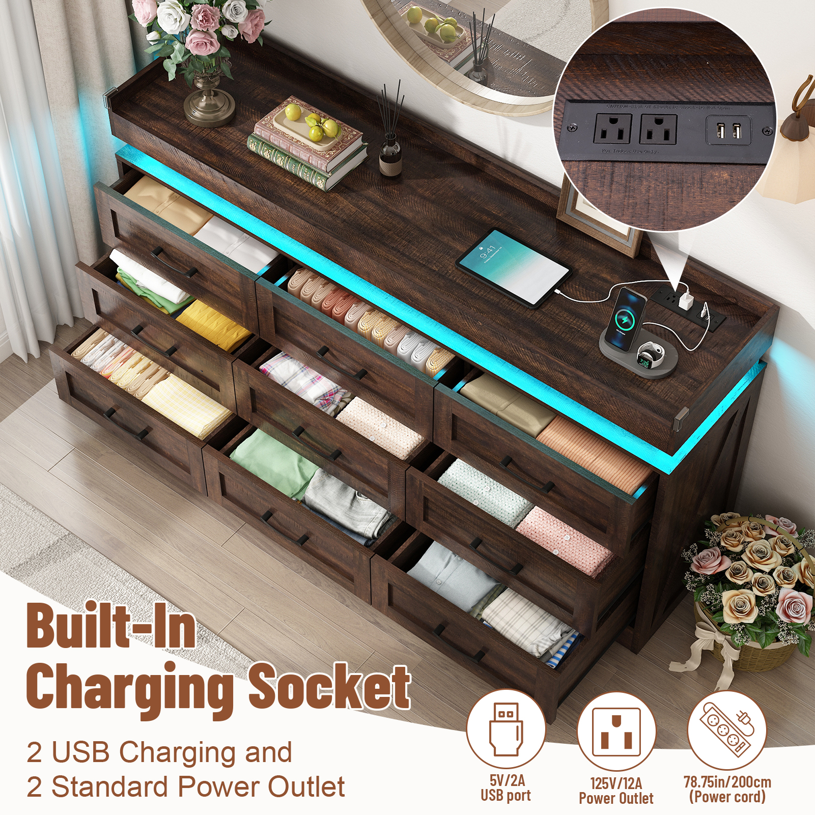 Blotout 9 Drawer Dresser with LED Lights and Charging Station, Wide Chest of Drawers and Metal Handles, Wood Storage Cabinet for bedroom, Living Room