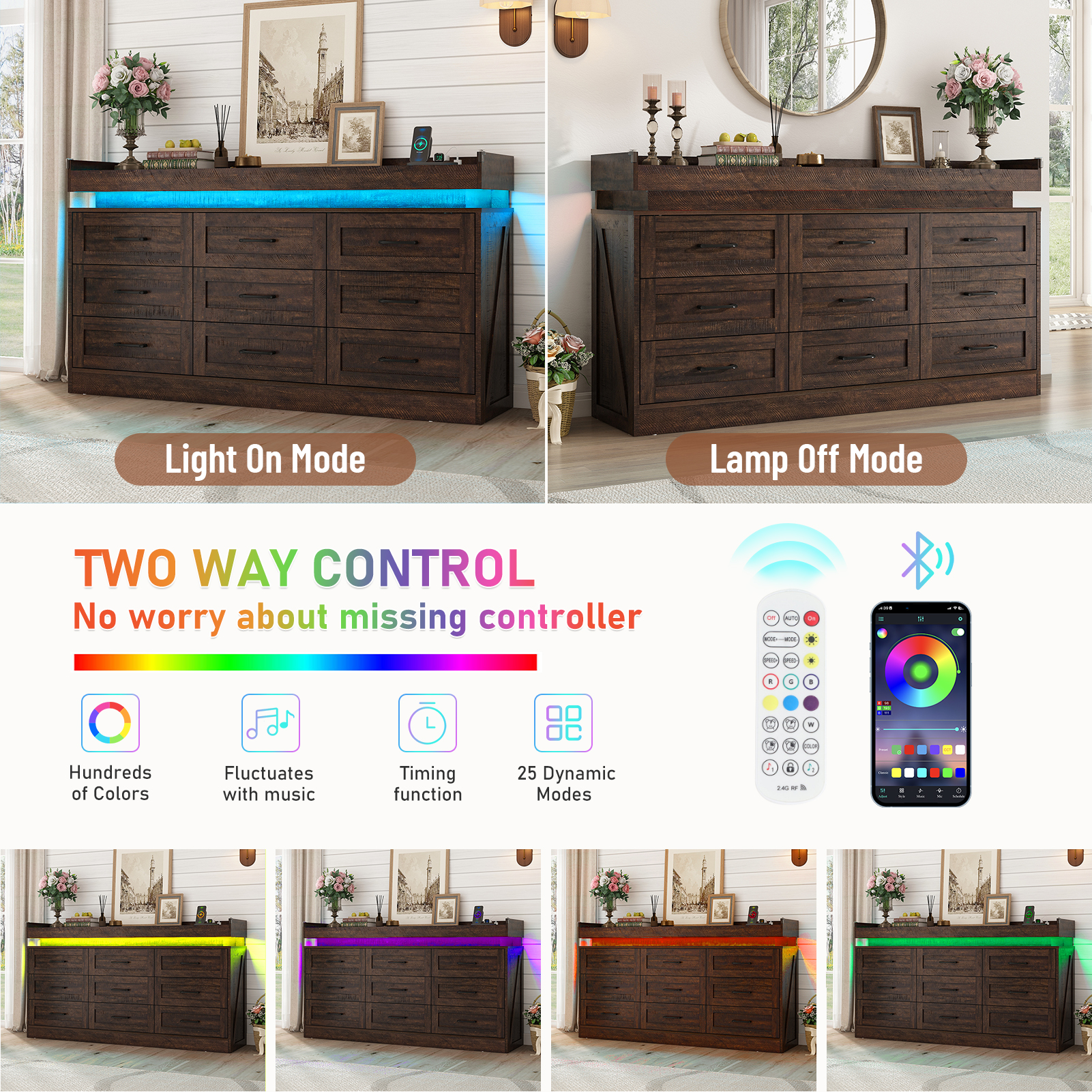 Blotout 9 Drawer Dresser with LED Lights and Charging Station, Wide Chest of Drawers and Metal Handles, Wood Storage Cabinet for bedroom, Living Room