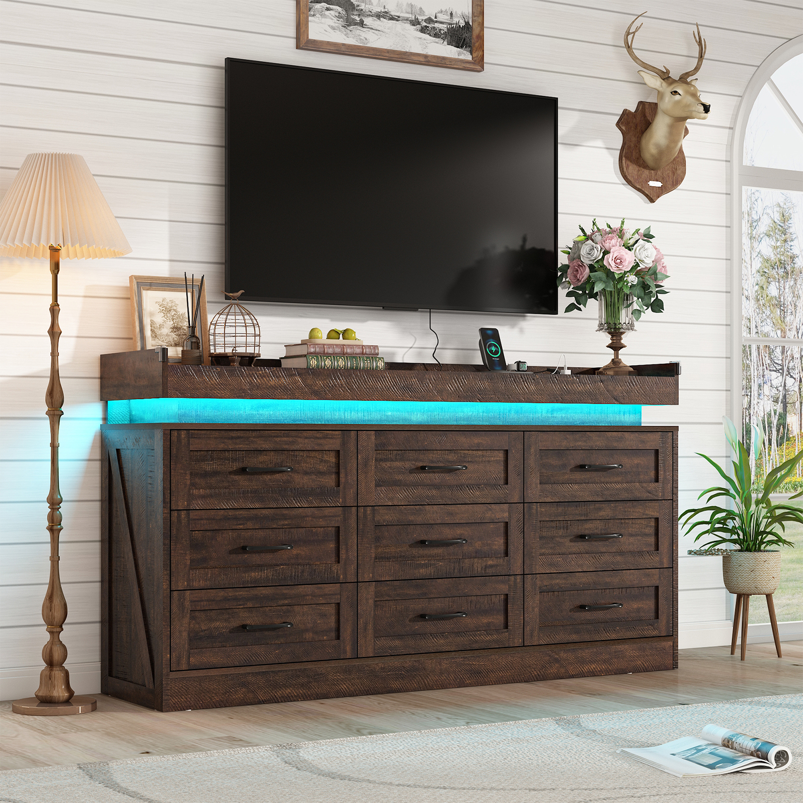 Blotout 9 Drawer Dresser with LED Lights and Charging Station, Wide Chest of Drawers and Metal Handles, Wood Storage Cabinet for bedroom, Living Room