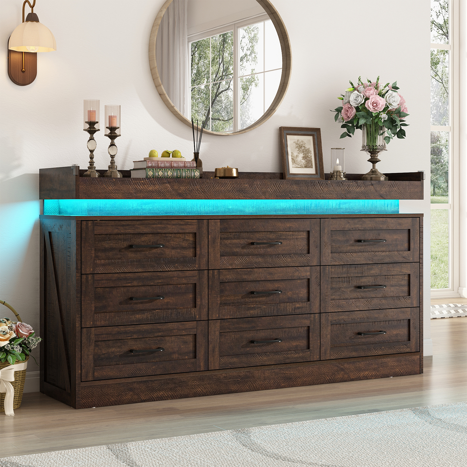 Blotout 9 Drawer Dresser with LED Lights and Charging Station, Wide Chest of Drawers and Metal Handles, Wood Storage Cabinet for bedroom, Living Room