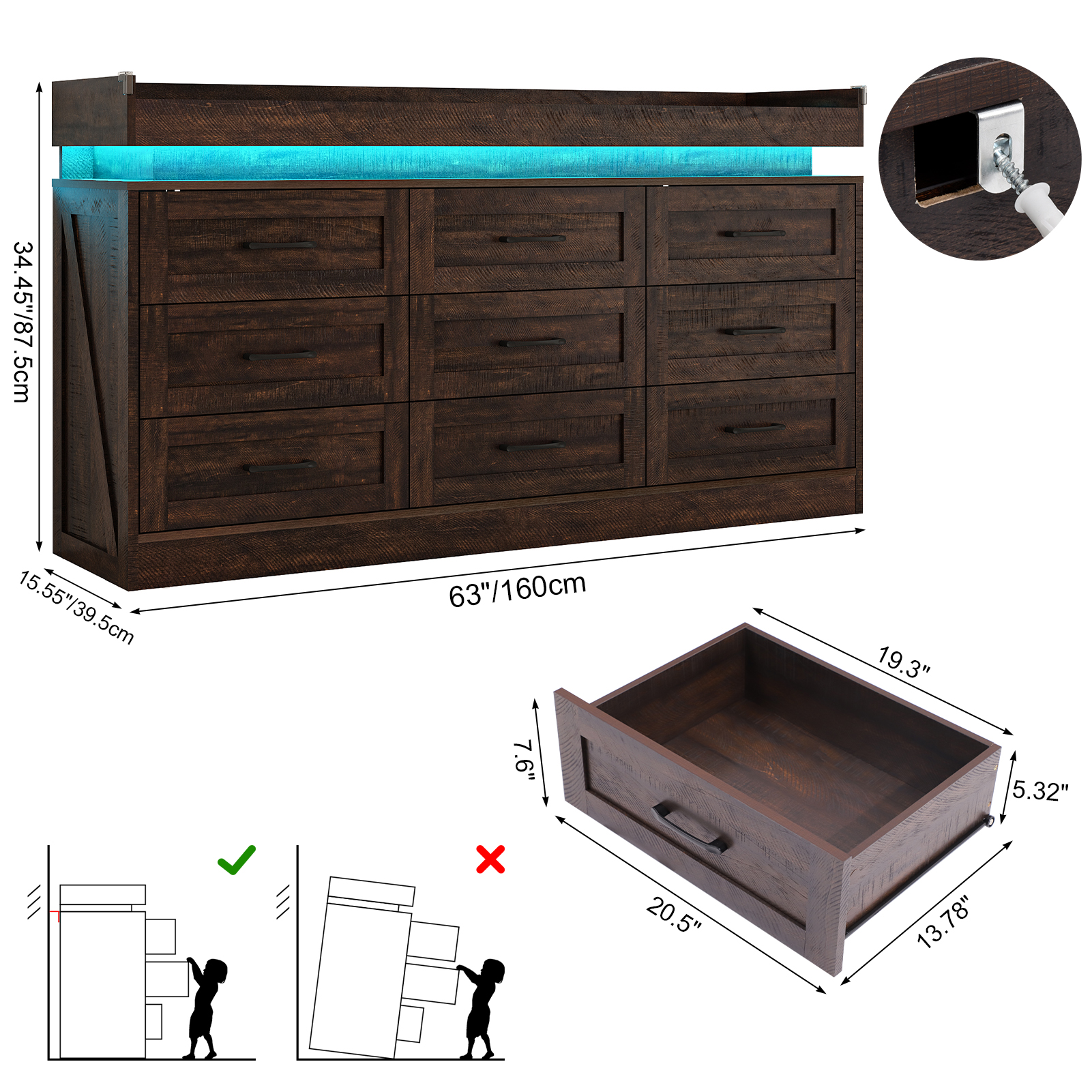 Blotout 9 Drawer Dresser with LED Lights and Charging Station, Wide Chest of Drawers and Metal Handles, Wood Storage Cabinet for bedroom, Living Room