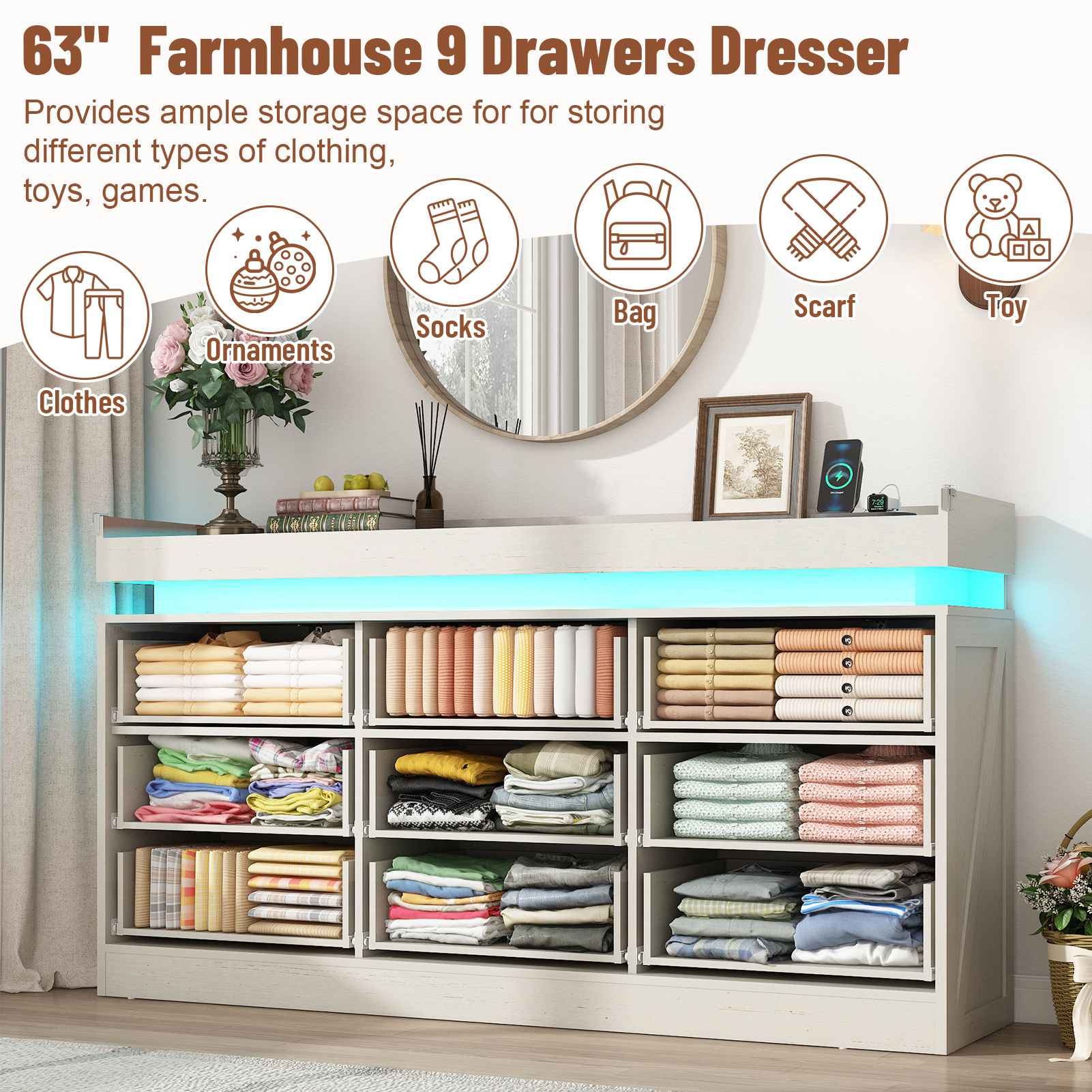 Blotout 9 Drawer Dresser with LED Lights and Charging Station, Wide Chest of Drawers and Metal Handles, Wood Storage Cabinet for bedroom, Living Room