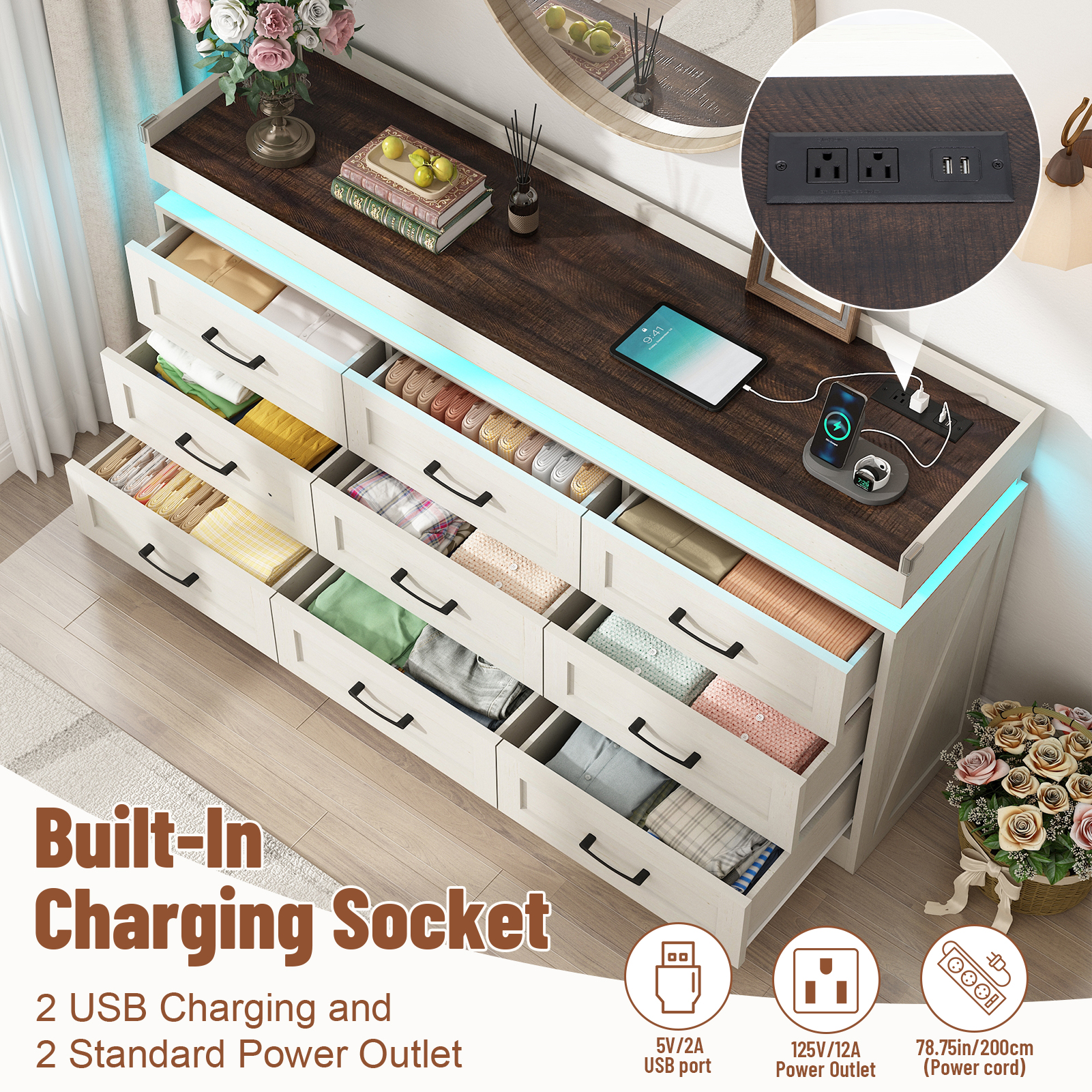 Blotout 9 Drawer Dresser with LED Lights and Charging Station, Wide Chest of Drawers and Metal Handles, Wood Storage Cabinet for bedroom, Living Room