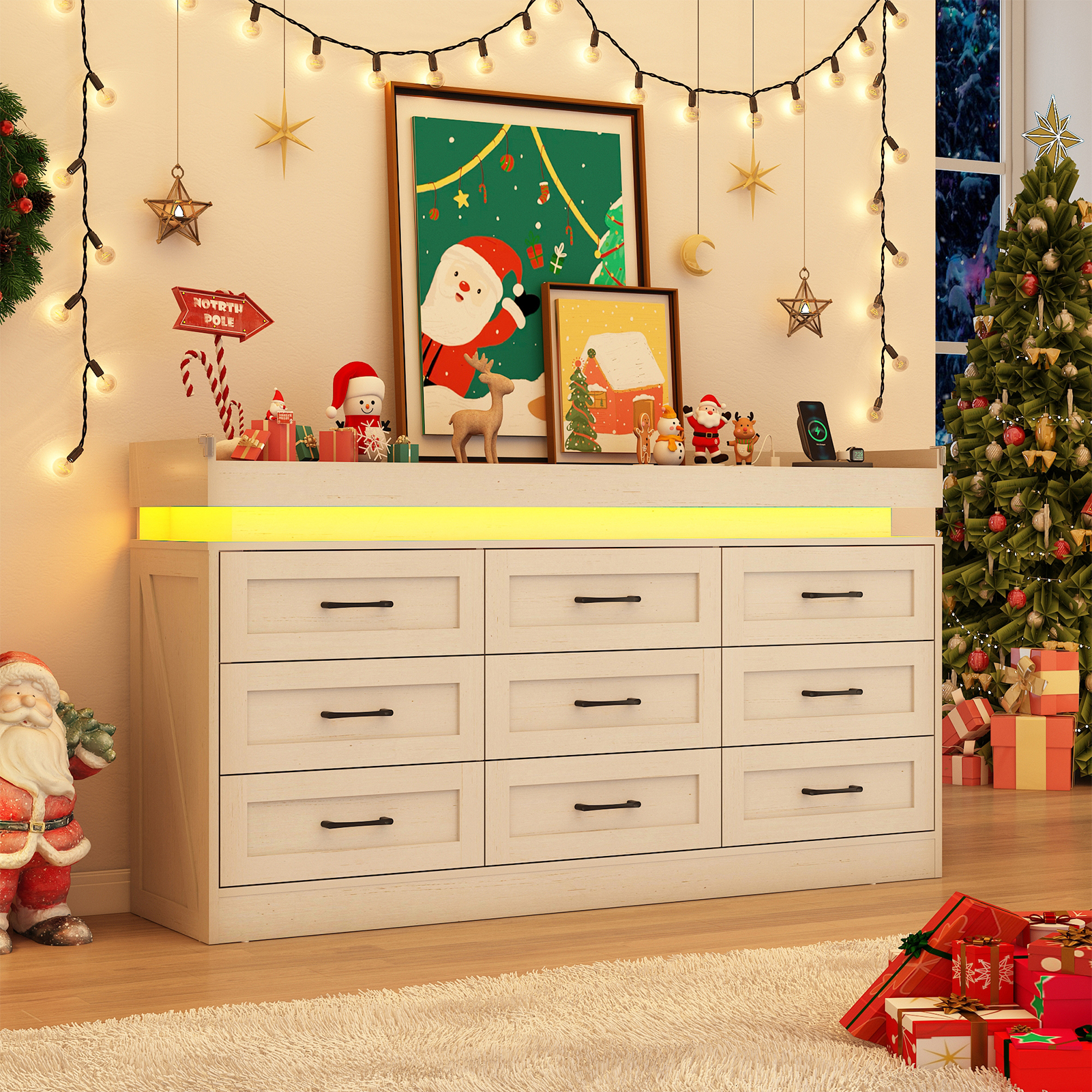Blotout 9 Drawer Dresser with LED Lights and Charging Station, Wide Chest of Drawers and Metal Handles, Wood Storage Cabinet for bedroom, Living Room