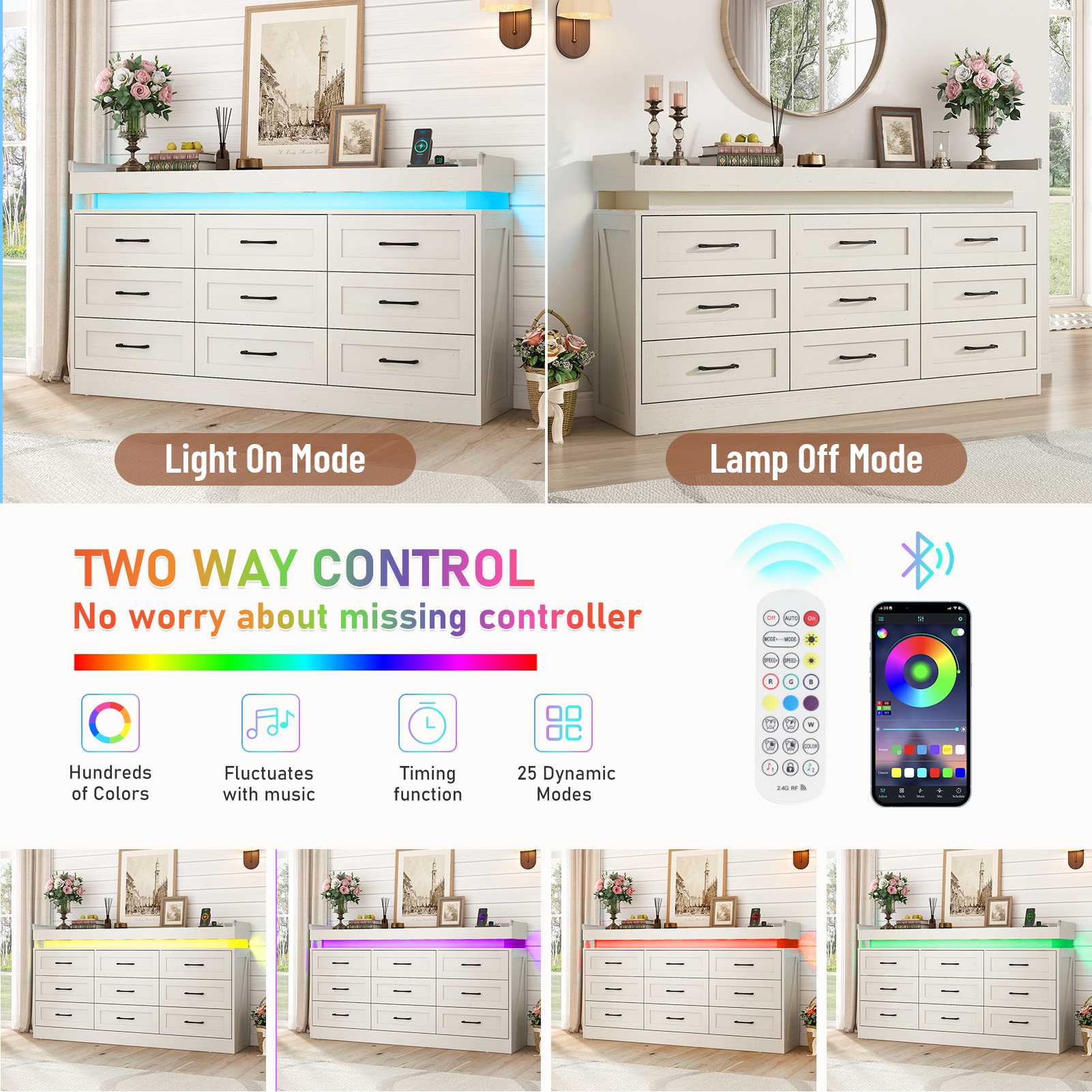 Blotout 9 Drawer Dresser with LED Lights and Charging Station, Wide Chest of Drawers and Metal Handles, Wood Storage Cabinet for bedroom, Living Room