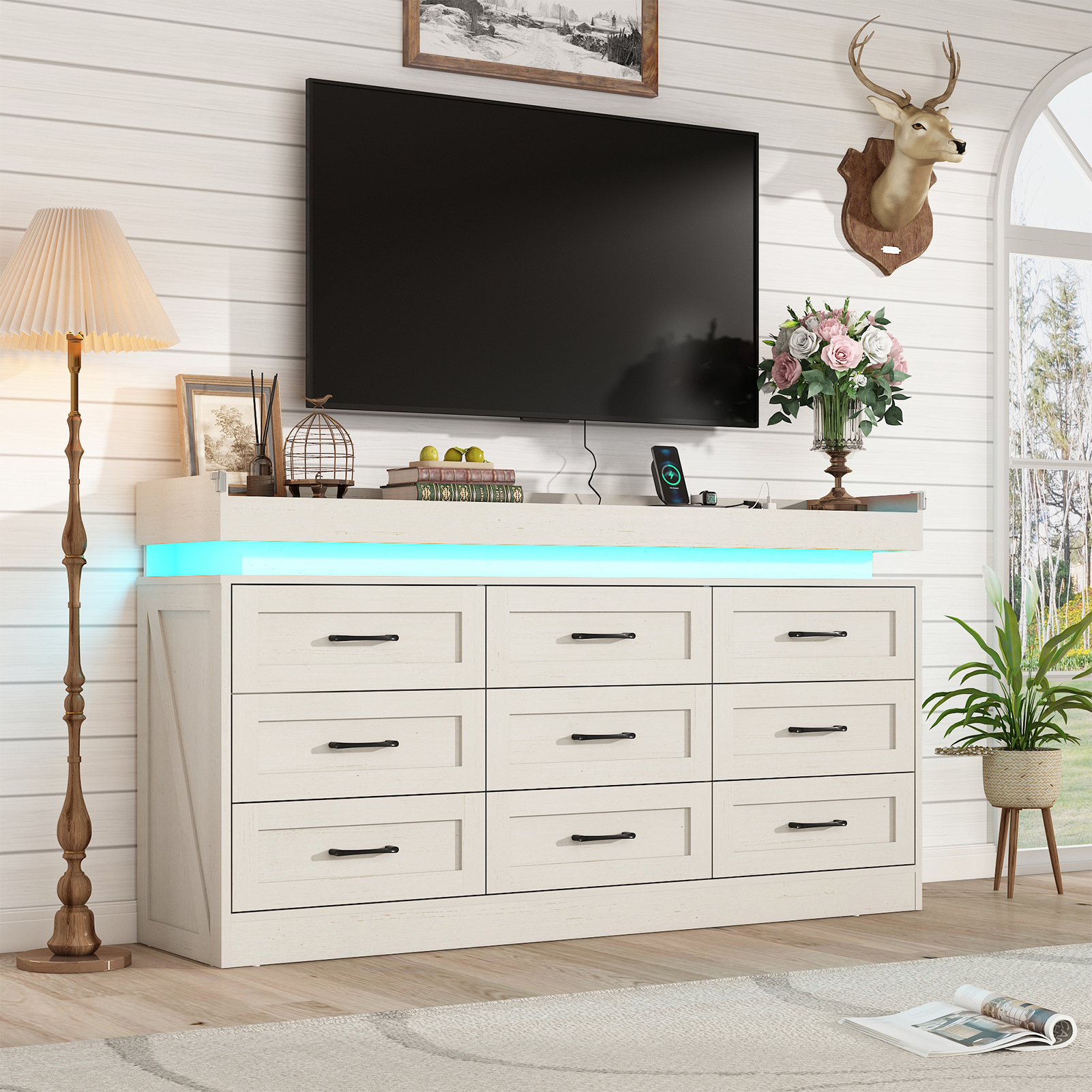 Blotout 9 Drawer Dresser with LED Lights and Charging Station, Wide Chest of Drawers and Metal Handles, Wood Storage Cabinet for bedroom, Living Room