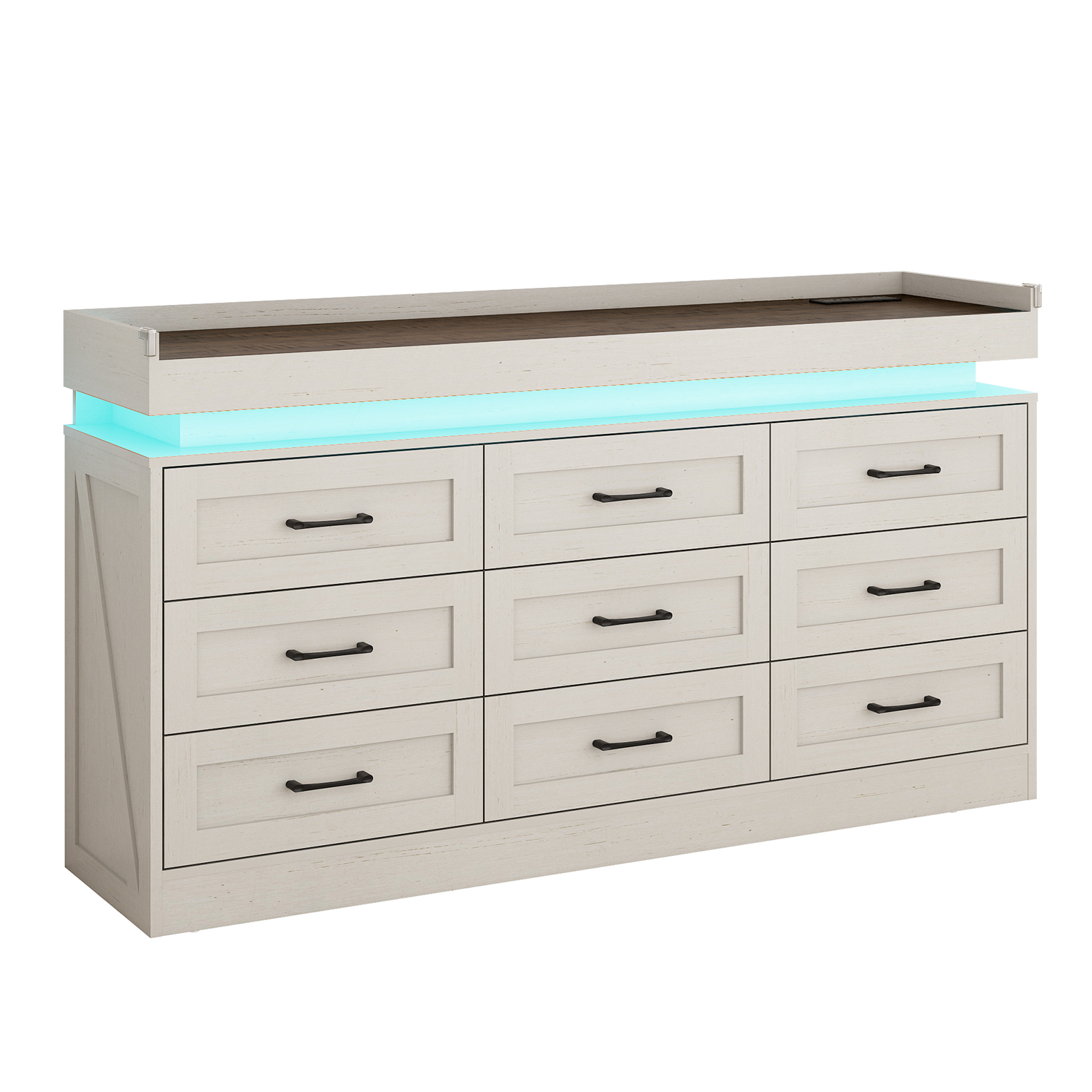 Blotout 9 Drawer Dresser with LED Lights and Charging Station, Wide Chest of Drawers and Metal Handles, Wood Storage Cabinet for bedroom, Living Room