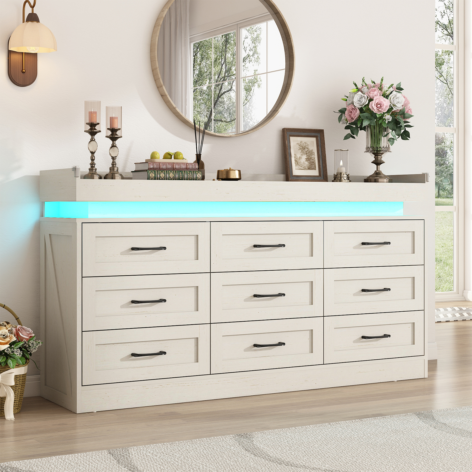 Blotout 9 Drawer Dresser with LED Lights and Charging Station, Wide Chest of Drawers and Metal Handles, Wood Storage Cabinet for bedroom, Living Room