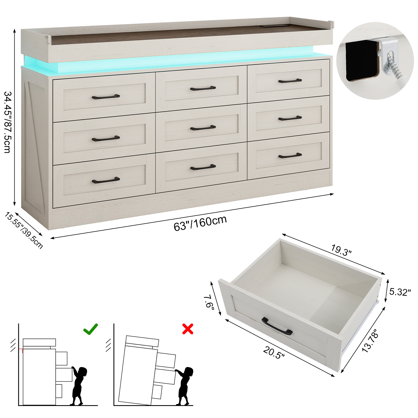 Blotout 9 Drawer Dresser with LED Lights and Charging Station, Wide Chest of Drawers and Metal Handles, Wood Storage Cabinet for bedroom, Living Room