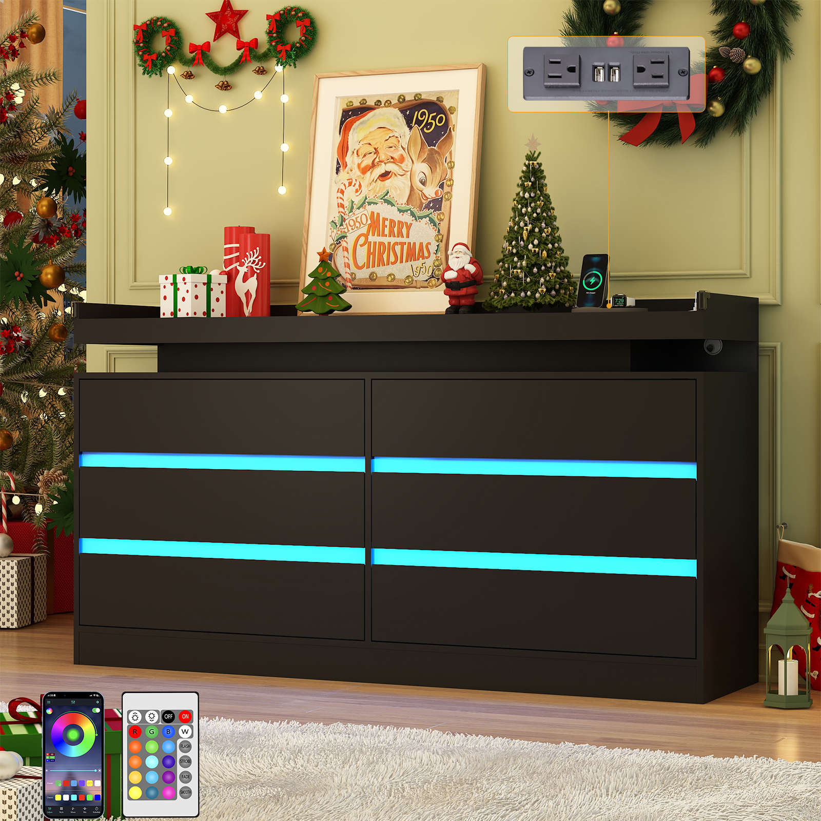 9 Drawer Dresser with LED Light & Charging Station, 63" Long Modern Dresser with 9 Drawers for Bedroom, Wooden Dresser Large Closet of Drawers