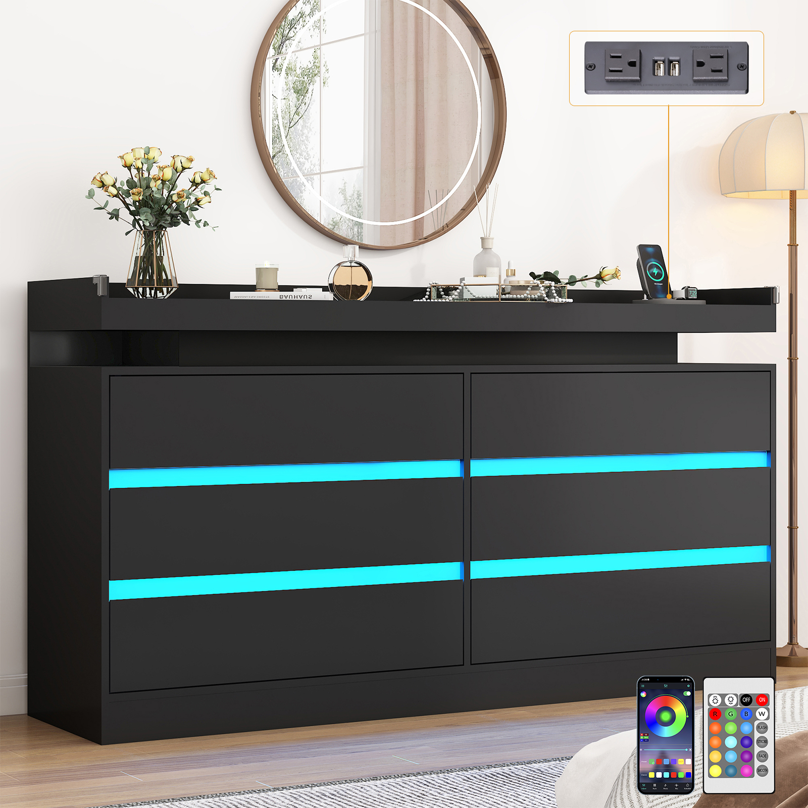 9 Drawer Dresser with LED Light & Charging Station, 63" Long Modern Dresser with 9 Drawers for Bedroom, Wooden Dresser Large Closet of Drawers