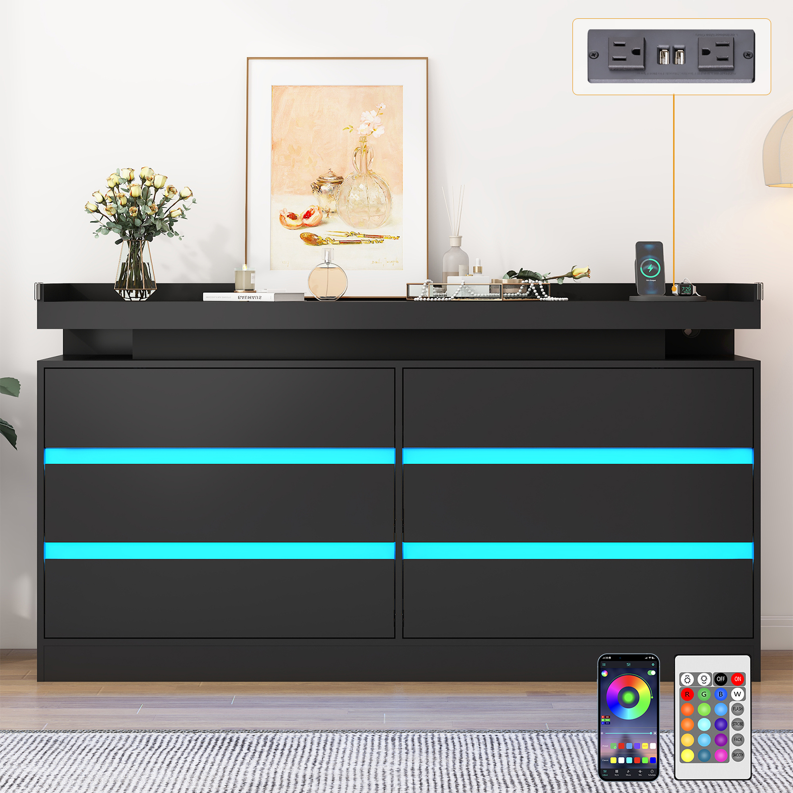9 Drawer Dresser with LED Light & Charging Station, 63" Long Modern Dresser with 9 Drawers for Bedroom, Wooden Dresser Large Closet of Drawers