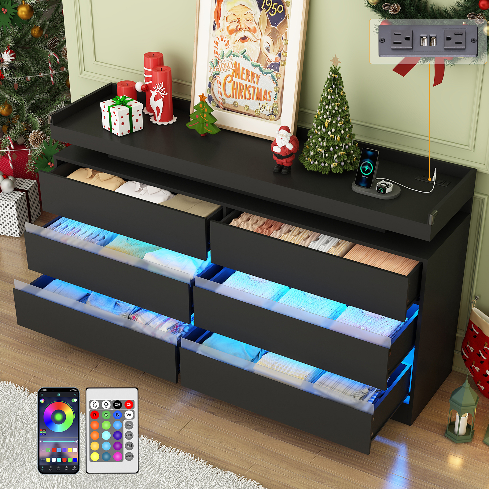 9 Drawer Dresser with LED Light & Charging Station, 63" Long Modern Dresser with 9 Drawers for Bedroom, Wooden Dresser Large Closet of Drawers