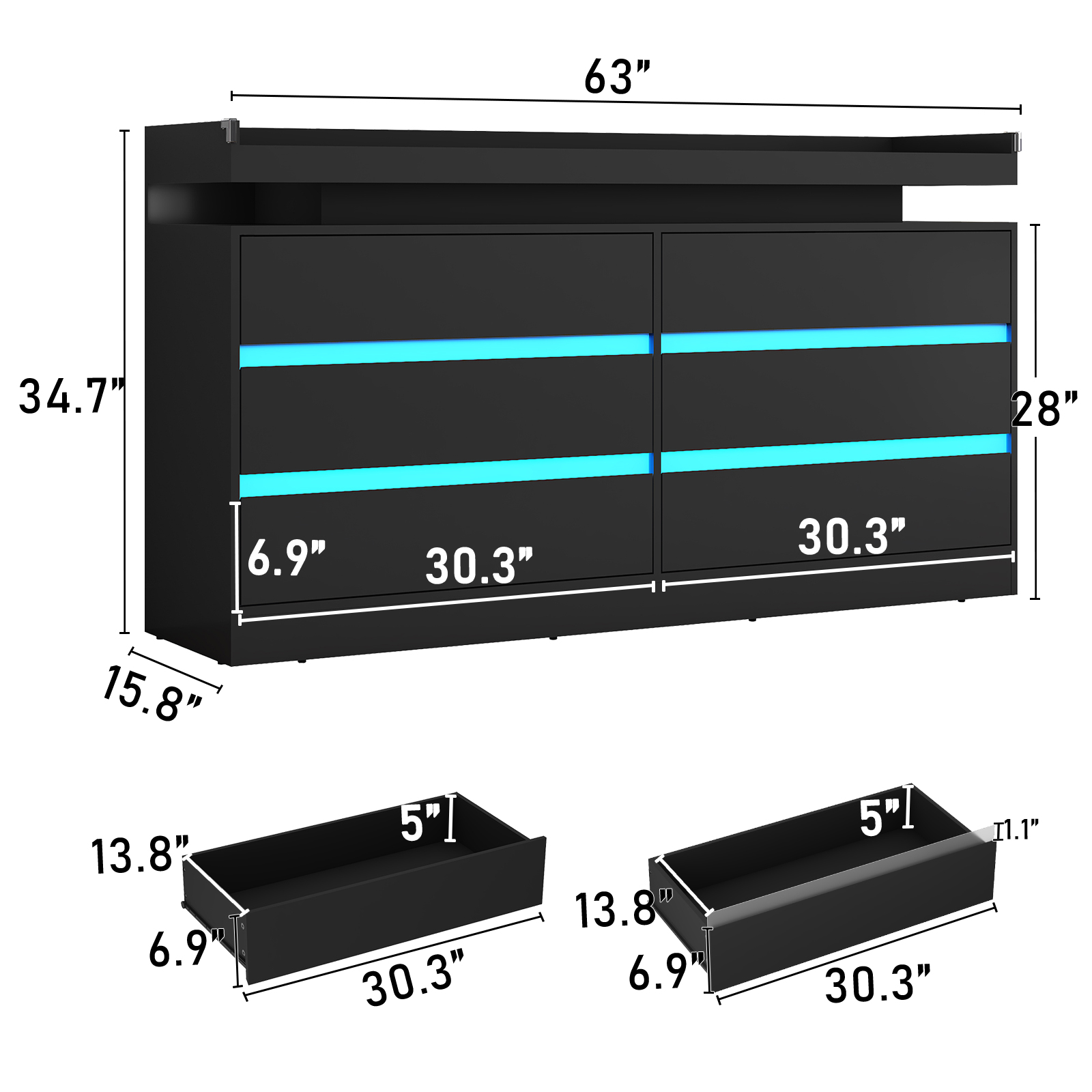 9 Drawer Dresser with LED Light & Charging Station, 63" Long Modern Dresser with 9 Drawers for Bedroom, Wooden Dresser Large Closet of Drawers