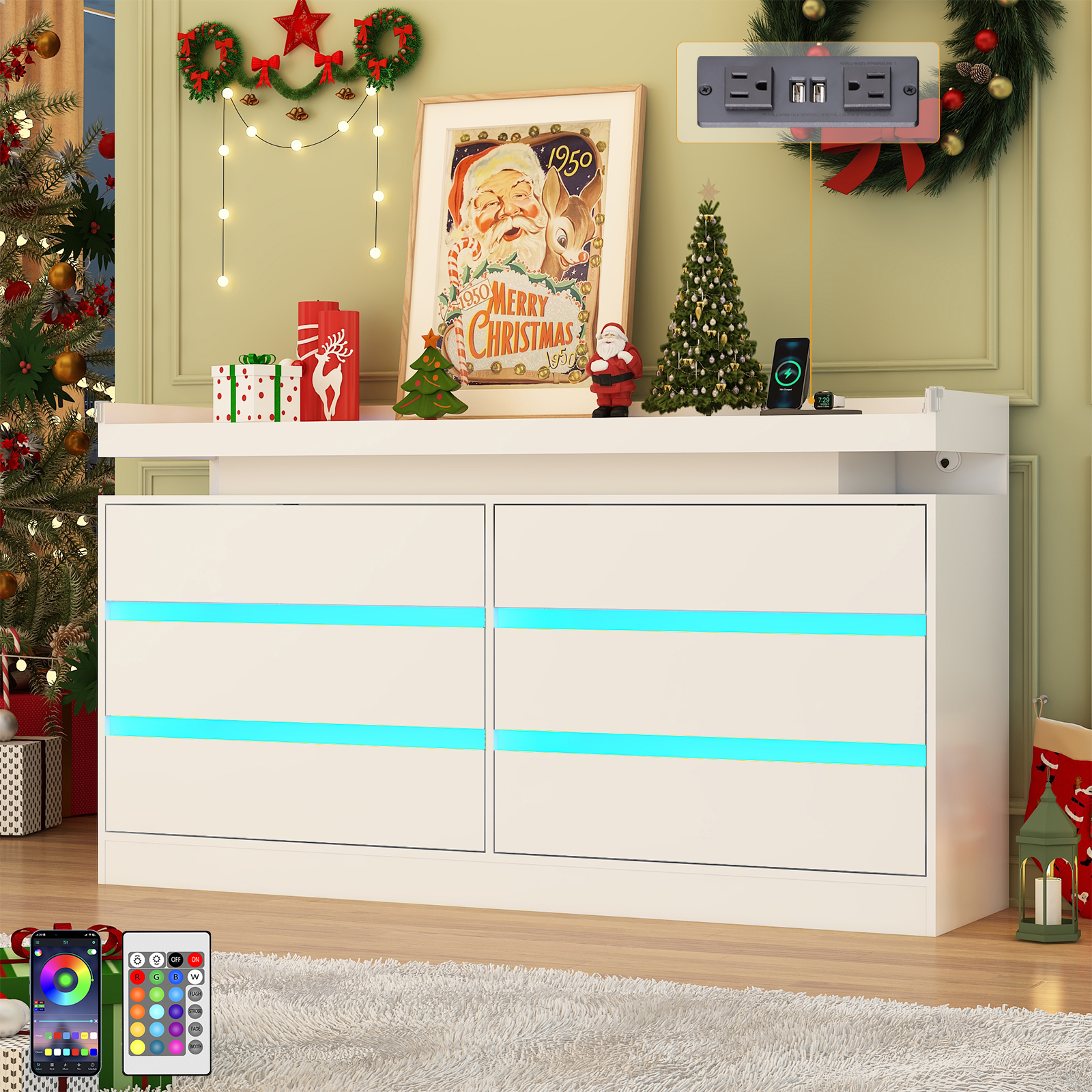 9 Drawer Dresser with LED Light & Charging Station, 63" Long Modern Dresser with 9 Drawers for Bedroom, Wooden Dresser Large Closet of Drawers